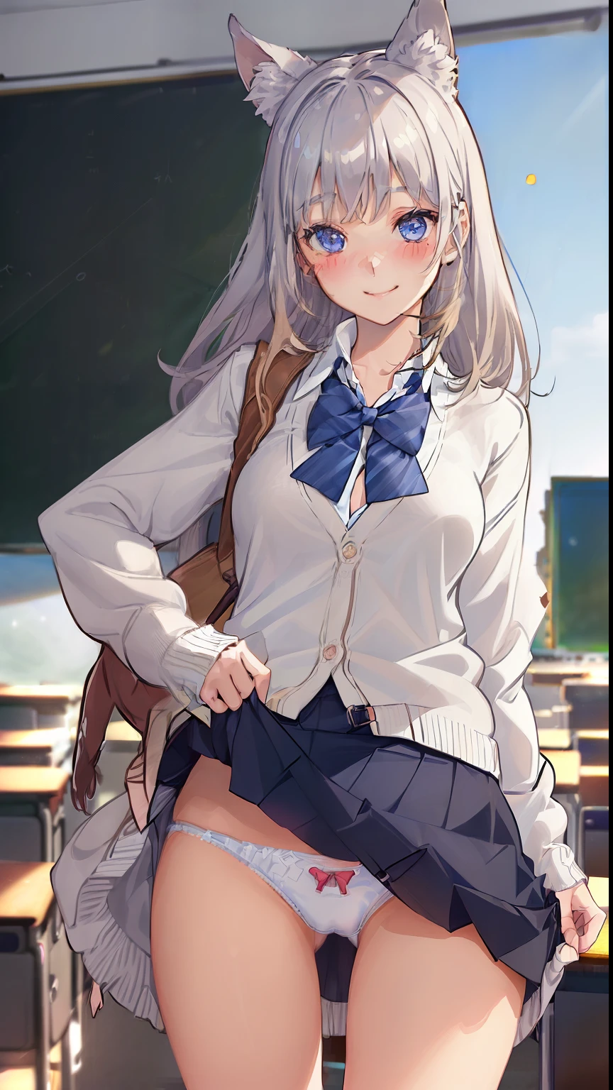 ((1 girl:1.5))、(smile:1.5)、、(cowboy shot)、(fun!!)、(white cardigan:1.5)、(dog ears)、(silver hair)、(blush:1.5)、(long hair)、(eye highlights:1.3)、blake black shoes,(黒いskirt:1.5)、bow, button, shirt with collar, long sleeve, ((red bow tie, ,, white shirt, チェック柄のskirt:1.5、white socks)),, shirt,, skirt, socks, thighs, white shirt, Rest indoors, ((classroom:1.5))、 BREAK while watching the audience、 (perfect hands, perfect anatomy),cowboy shot、(skirtlift:1.3),(highly detailed white panties:1.3)、(highly detailed panties:1.3)、、(skirt that rolls up:1.3)、(fully exposed panties:1.5)、light blue eyes