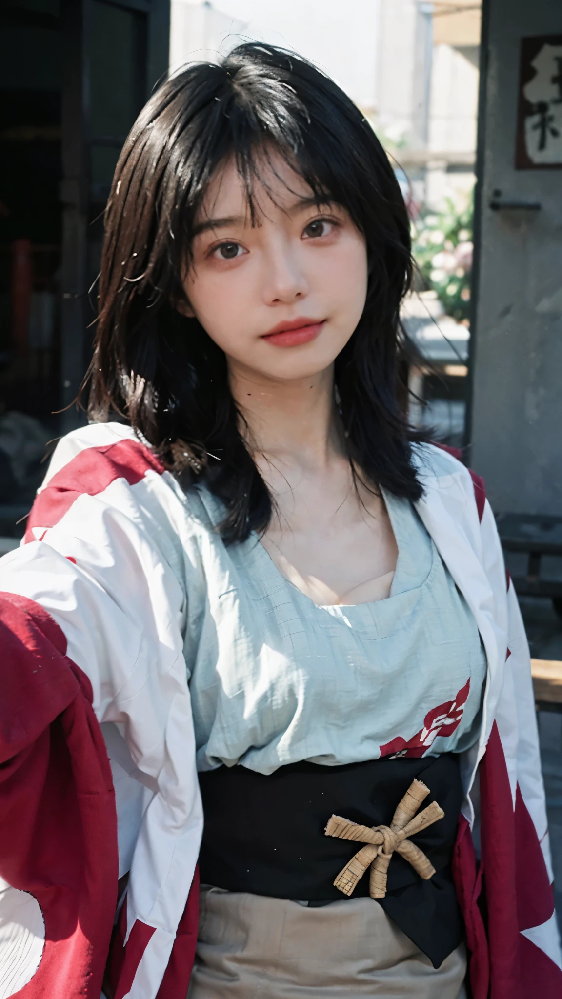 (highest quality:1.4), beautiful face, 8K, 35mm, absurd, (japanese kimono:1.4), Upper body、towards the camera、 violaces, gardenia, delicate girl, alone, , looking at the viewer, film grain, chromatic aberration, sharp focus, face light, professional lighting, Sophisticated, (smile:0.4), cleavage, (simple background, background bokeh:1.2), Surface details, half up