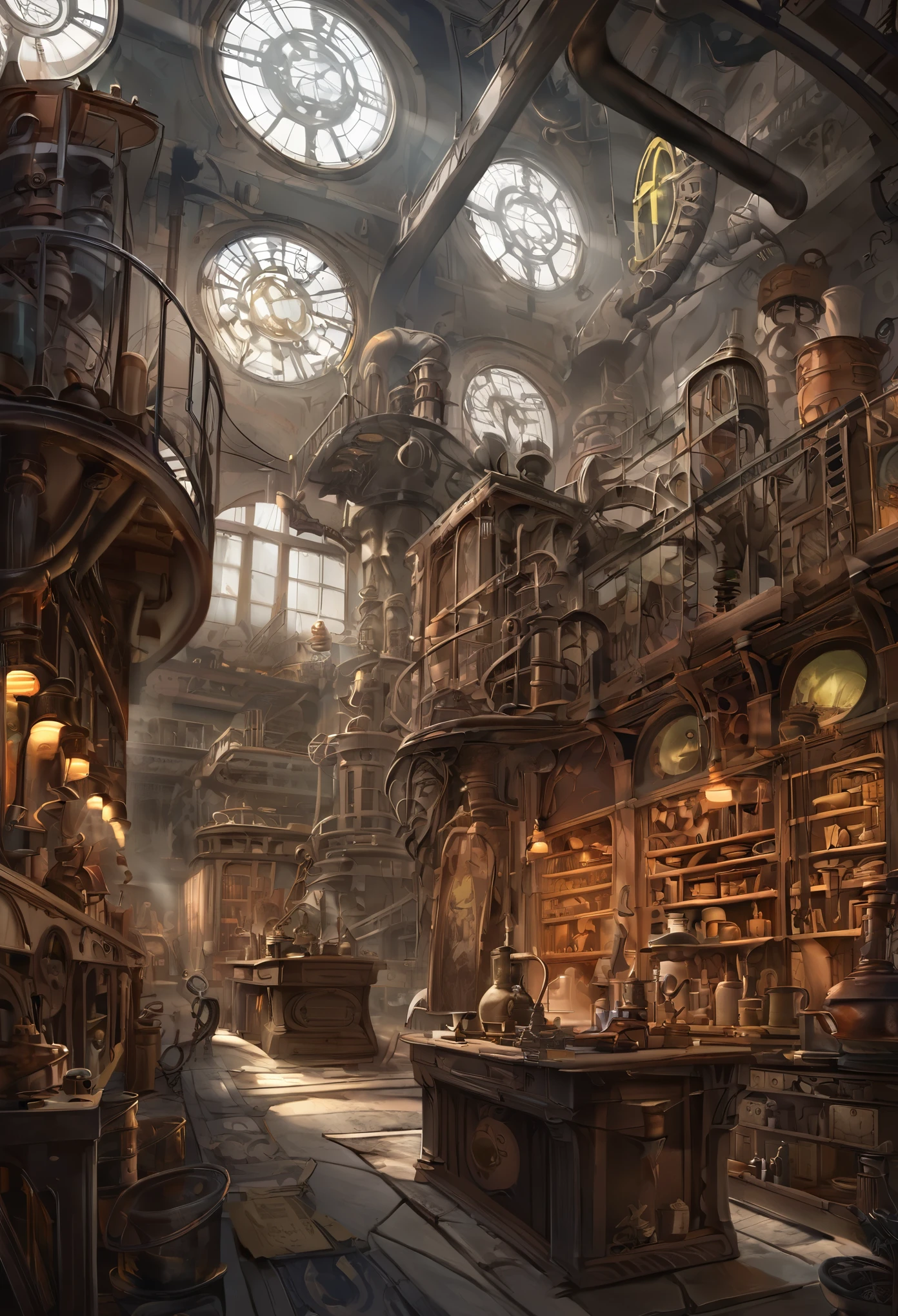 cover page, highres, top quality, best quality, paid reward available, unparalleled masterpiece, perfect artwork, absurdres, High-quality illustrations, super high resolution, detailed background, perfect anatomy(kemono, furry anthro)many pottery on display in room with many windows, in cluttered lab, in steampunk laboratory, fantasy alchemist laboratory, weapon shop interior, alchemist library background, concept art, steampunk factory background,