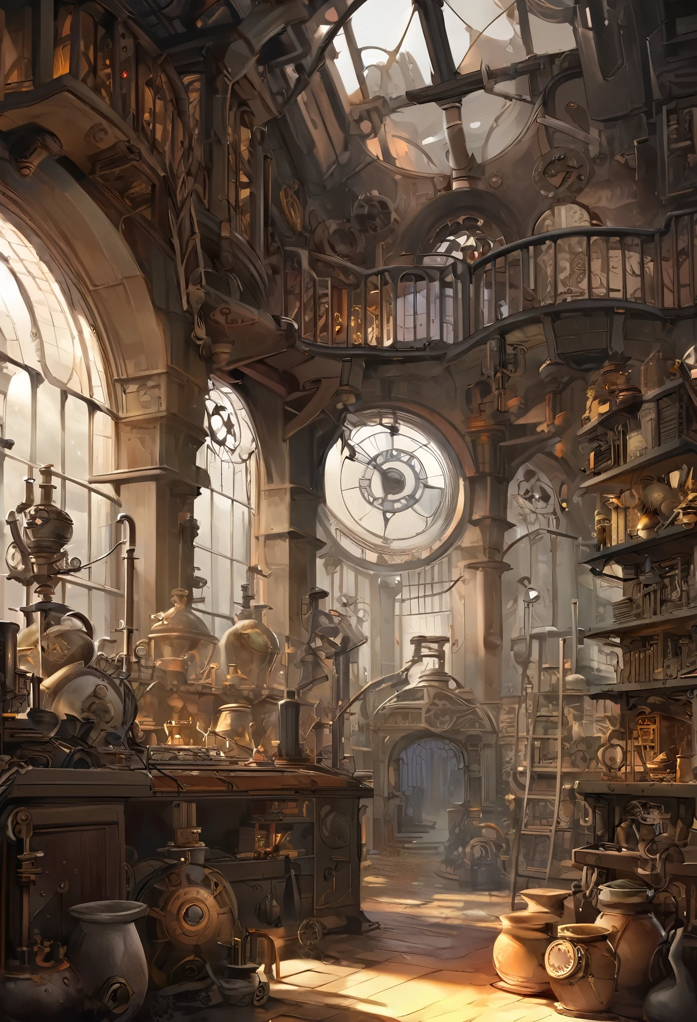 cover page, highres, top quality, best quality, paid reward available, unparalleled masterpiece, perfect artwork, absurdres, High-quality illustrations, super high resolution, detailed background, perfect anatomy(kemono, furry anthro)many pottery on display in room with many windows, in cluttered lab, in steampunk laboratory, fantasy alchemist laboratory, weapon shop interior, alchemist library background, concept art, steampunk factory background,