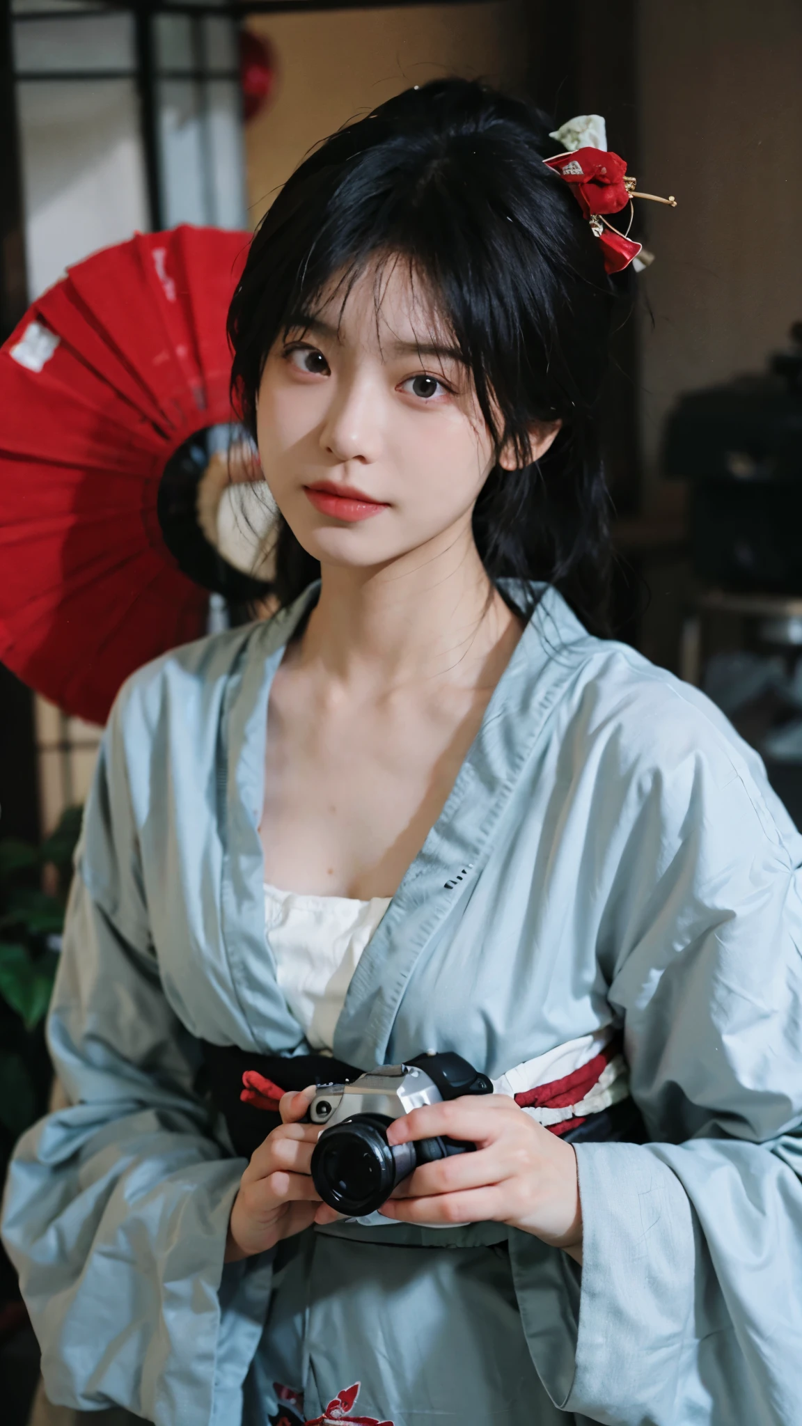 (highest quality:1.4), beautiful face, 8K, 35mm, absurd, (japanese kimono:1.4), Upper body、towards the camera、 violaces, gardenia, delicate girl, alone, , looking at the viewer, film grain, chromatic aberration, sharp focus, face light, professional lighting, Sophisticated, (smile:0.4), cleavage, (simple background, background bokeh:1.2), Surface details, half up