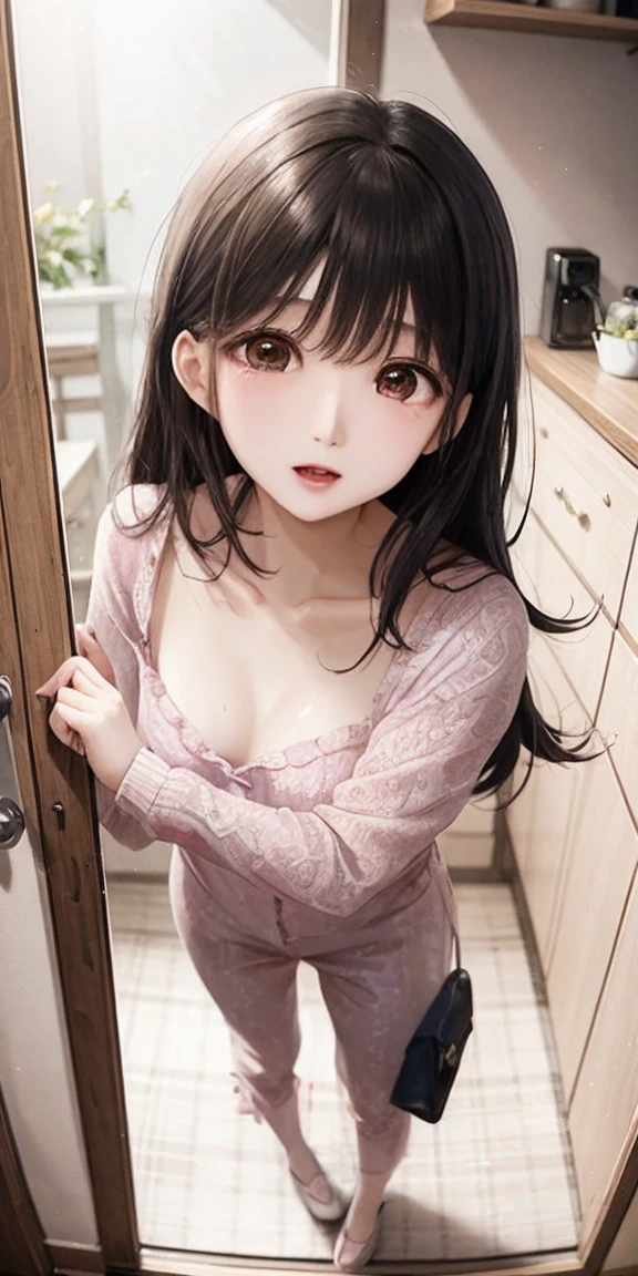 Elegant Private Room、A beautiful girl with a super cute face、Super cute girl knitted clothes、full body image、(small face)、Sexy cleavage、Unprotected pajamas、