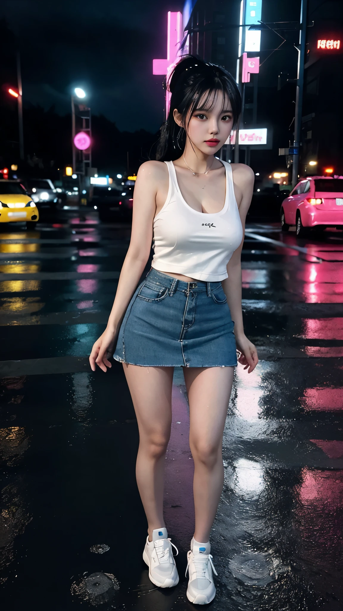 cyber punk, highest quality, masterpiece, figure, realistic, photo-realistic, wonderful, finely, Super detailed, High resolution, very detailed, Unity 8k wallpaper, NSFW, nude, Full shot of a beautiful young woman with Korean features resembling a popular actress. black tank top, mini skirt, white sneakers, normal chest, I'm a little sick, Her exposed skin glistens with droplets from a heavy rain. She has pink and bluish eyeshadow, bangs, ponytail, black hair, head, and arms. standing and looking at me。 The background is a neon-lit night cityscape., Heavy rain and puddles reflecting. Uses ray tracing and volumetric lighting.