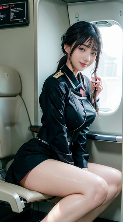 (highest quality,masterpiece:1.3,ultra high resolution,)ultra-realistic capture,very detailed,High resolution 16K natural skin texture、,The pores are、、、、、、Must be detailed enough to be easily identified。 Skin should look even-toned and healthy。 Use natural light and color, Cabin attendant, Stewardess resting(Japan Aviation Uniforms), inside the plane、,1 girl,Japanese,18-year-old,cute,black haired,ponytail,big breasts,smile, (realistic hair: 1.2) (wet skin: 1.2), spread your legs,squat、from belowのアングル,big breasts,sweaty, drenched, water droplets running down the legs, Lower body soaking wet, Wet hips,Lower body exposed,from below、show nipples、