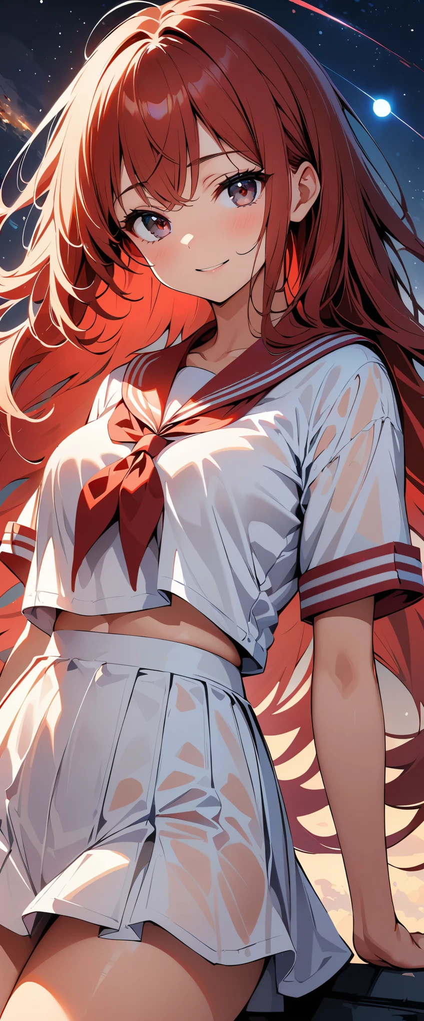 (high quality, 8k, 4k, high contrast, masterpiece:1.2, best quality, best aesthetics), (dynamic angle), Super detailed, ((fantasy:1.2, Light Effects)), Depth of the bounds written, HDR, very detailed, space background, high detail, Sun reflecting the moon, sailor suit, (See-through:1.3), sailor dress, red theme, looking at the viewer, Insanity, messy long hair, detailed and beautiful eyes, hair shines, elevation angle, red sailor collar, light smile,