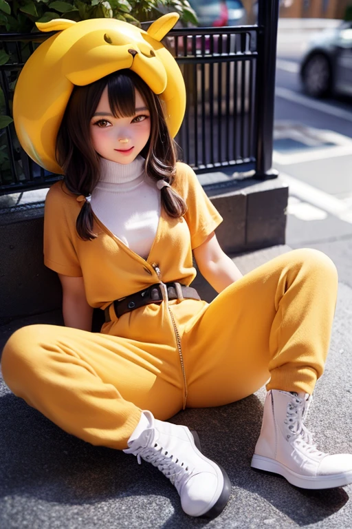 balloon seller girl, a 10 years old girls, (((she is having a  gold balloon))) , real photo, (((full body))), (looking down at me),  twin tails, big ribbon on he hair, (leather dress, boots), 
