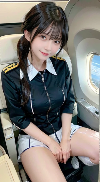 (highest quality,masterpiece:1.3,ultra high resolution,)ultra-realistic capture,very detailed,High resolution 16K natural skin texture、,The pores are、、、、、、Must be detailed enough to be easily identified。 Skin should look even-toned and healthy。 Use natural light and color, Cabin attendant, Stewardess resting(Japan Aviation Uniforms), inside the plane、,1 girl,Japanese,18-year-old,cute,black haired,ponytail,big breasts,smile, (realistic hair: 1.2) (wet skin: 1.2), spread your legs,squat、from belowのアングル,big breasts,sweaty, drenched, water droplets running down the legs, Lower body soaking wet, Wet hips,Lower body exposed,from below、show nipples、open the button of the shirt