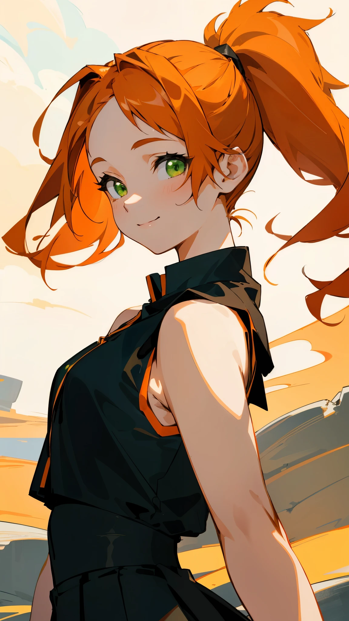 masterpiece、highest quality、1 girl、anime painting、orange hair、beautiful green eyes、side ponytail、sleeveless shirt、black skirt、upper body close-up、From the side、smile、cinematic lighting、cave、sharp outline