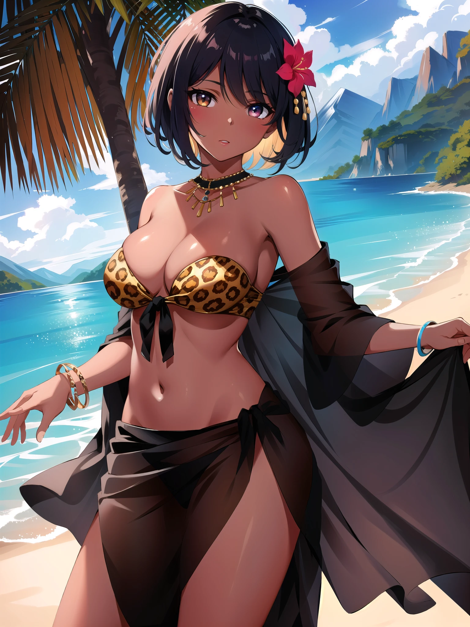 masterpiece, best quality, yamibouquill, dark skin, hair flower, front-tie top, sarong, leopard print, bracelet, large breasts, strapless, cowboy shot, looking at viewer, jungle, sky, clouds, mountains