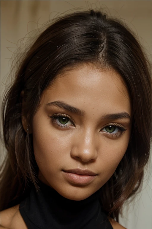 Une belle fille, visage parfait, yeux verts, cheveux noirs jusqu'to the size, Mixed African style model