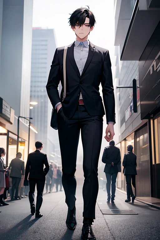 Max, a young man in his mid-twenties, walks along the crowded sidewalk. He wears a worn-out suit and carries a backpack slung over his shoulder. The buildings around him are tall and gray, blending into the monotony of his daily life. Pedestrians hurry past him, their faces obscured by a sense of urgency. dark grey scene
