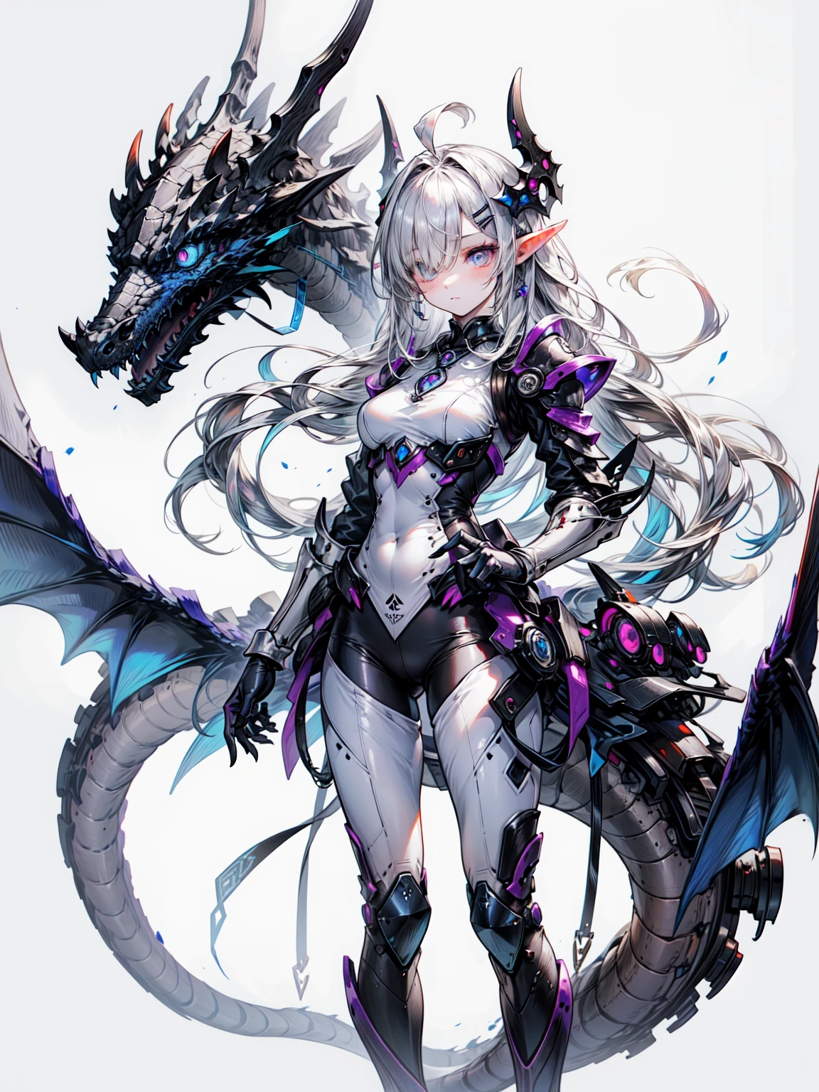 Cute adult girl standing ,girl focus, [full body armor], ((plain gray background)),  poker face,  (1 girl:1.3), bangs,necklace ,facing the front,  （Snow White&#39;s Armor), （mechanical dragon tail:1.3）、Super detailed, crystal silver eyes,thin, amazing technique, long hair, Anime-like, alone, Silky white hair, high quality, Ink flakes,Super detailedな,[wide hips] , beautiful girl, [face], fine hands, Super detailedな目,Don&#39;not face any emotions, beautiful eyes、Blake、（dark elf), (1 girl), alone, 優しい笑face、perfect face, get used to it, Ahoge, ((long hair:1.2)), (hair above one eye:1.3), [[messy hair]], Shiny blonde white hair, purple eyes, multicolored eyes, colorful hair, shining eyes, (eyelash, eye shadow, ピンク eye shadow), bright, 笑face, design art by Mikimoto Haruhiko, by Kawashi, By Yoshitaka Amano, （dark brown skin）