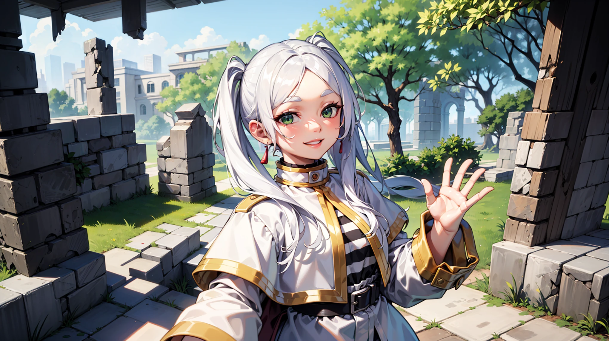 white hair, green eyes, waving at me, ruins around, green background, in her twienties, white uniform with black stripes, very beautiful face, aesthetic face, smiling, mature looking,