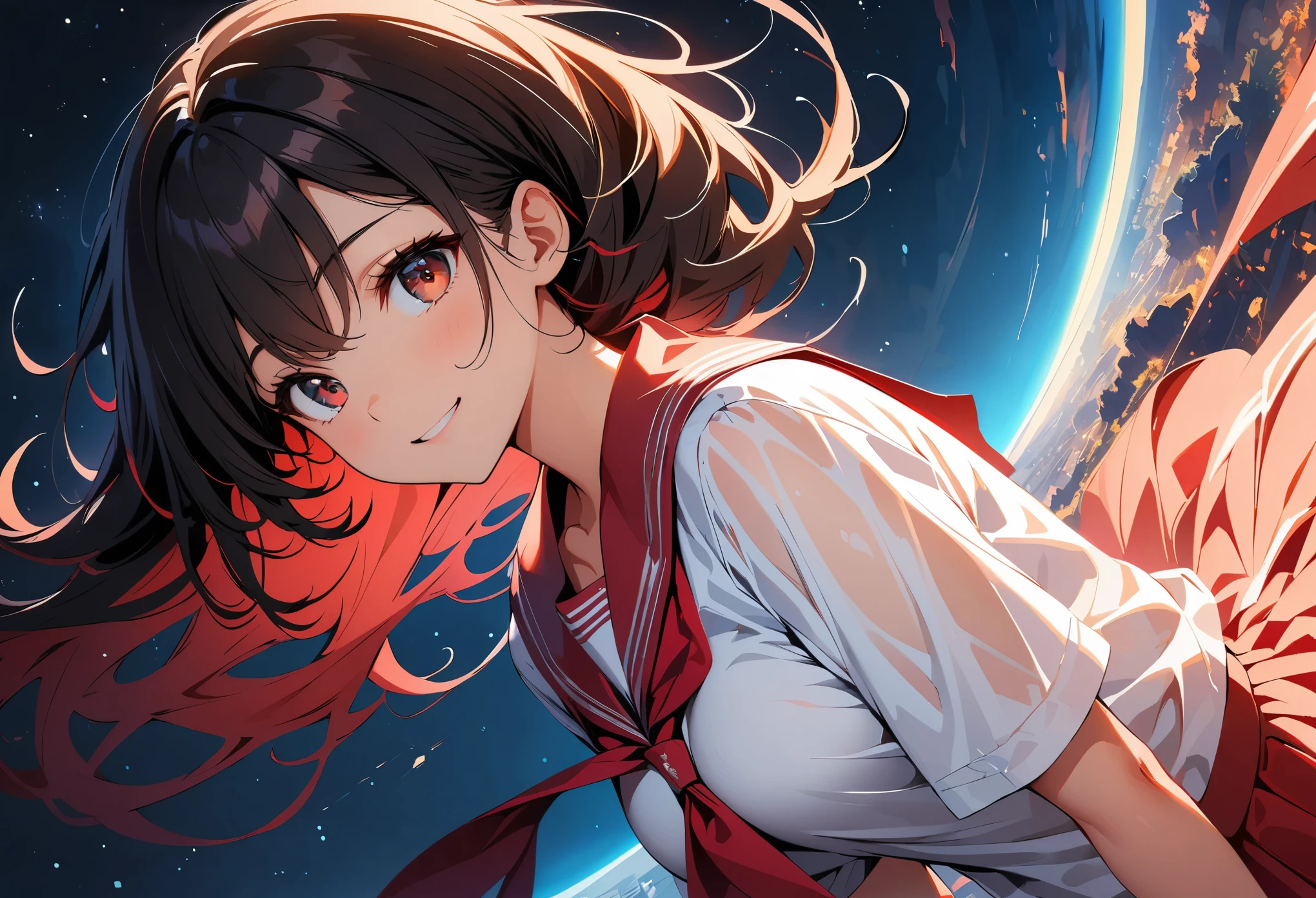 (high quality, 8k, 4k, high contrast, masterpiece:1.2, best quality, best aesthetics), (dynamic angle), Super detailed, ((fantasy:1.2, Light Effects)), Depth of the bounds written, HDR, very detailed, space background, high detail, Sun reflecting the moon, sailor suit, (See-through:1.3), sailor dress, red theme, looking at the viewer, Insanity, messy long hair, detailed and beautiful eyes, hair shines, elevation angle, red sailor collar, light smile,