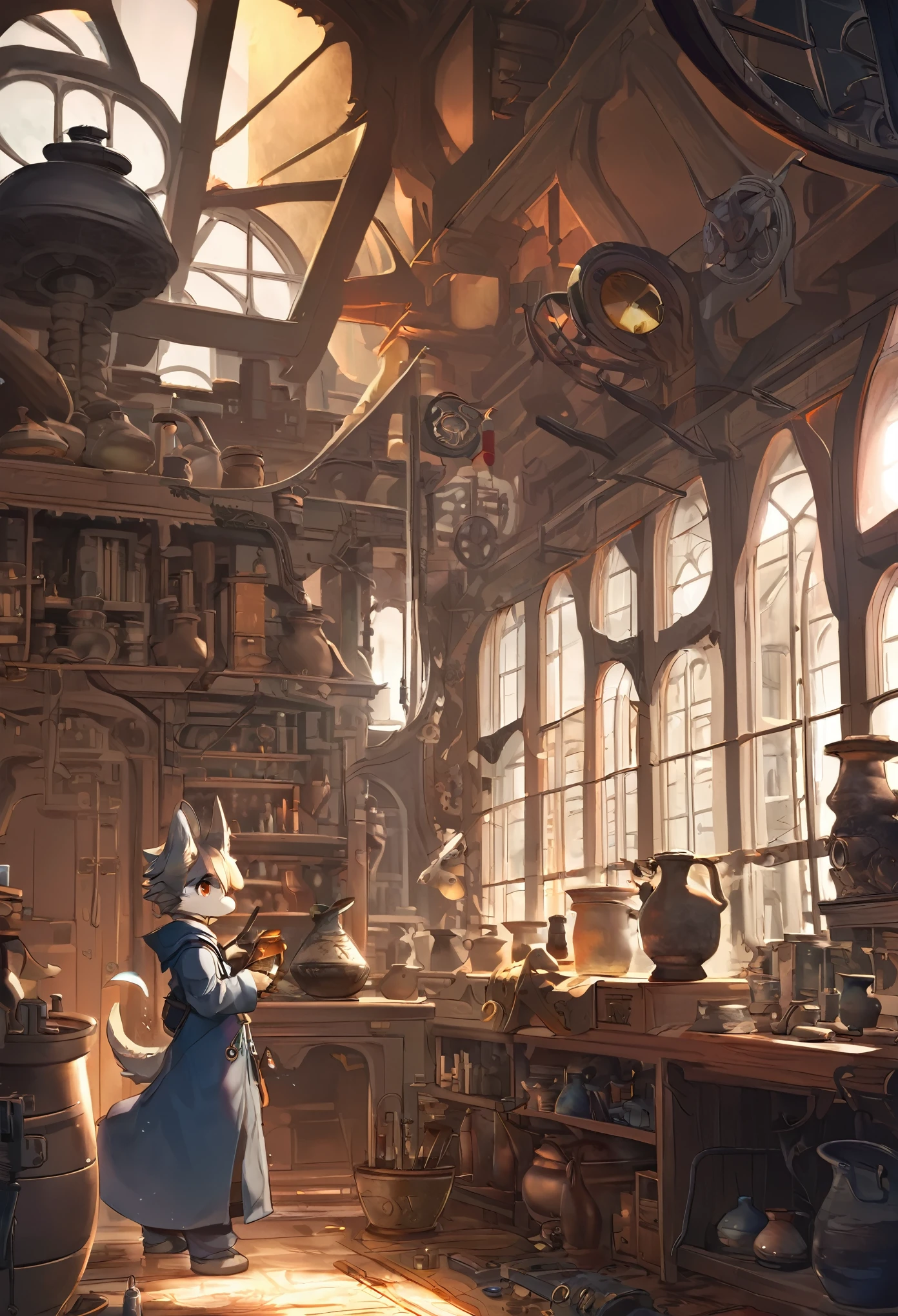cover page, highres, top quality, best quality, paid reward available, unparalleled masterpiece, perfect artwork, absurdres, High-quality illustrations, super high resolution, detailed background, perfect anatomy(1boy, solo, kemono, furry anthro, alchemist, Experimenting)many pottery, in room with many windows, in cluttered lab, in steampunk laboratory, fantasy alchemist laboratory, weapon shop interior, cinematic lighting,