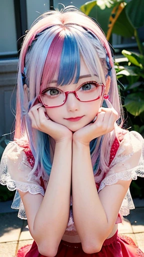 small face、 (alone:1.5,)Super detailed,bright colors, very beautiful detailed anime face and eyes, look straight, shiny_skin,girl, (((rainbow colored hair, colorful hair, Half light blue、half pink hair: 1.2))), 、shiny hair, delicate beautiful face, blush、Glasses、(turquoise eyes), , Valletta, earrings,、flower garden、sunset、(((Floral、Stylish lace mini skirt,Semi-transparent red shirt)))、(twin tails)、smile、happy face、face dyed red、cheerful pose、dynamic、Head to toe full body portrait、(I can see the whole body)、(left hand、ring finger、ring)、Glassesに手を添える