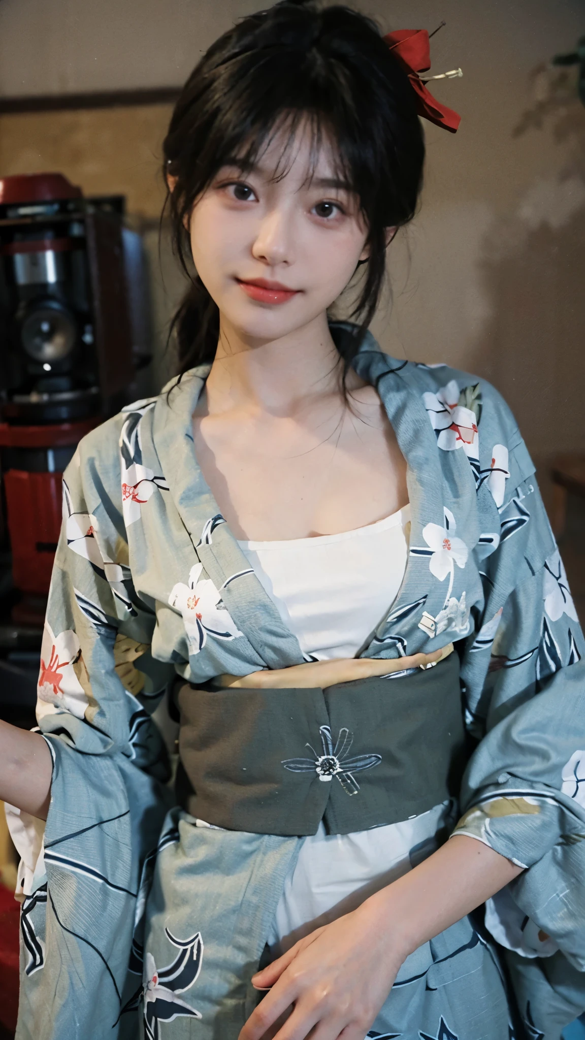 (highest quality:1.4), beautiful face, 8K, 35mm, absurd, (japanese kimono:1.4), Upper body、towards the camera、 violaces, gardenia, delicate girl, alone, , looking at the viewer, film grain, chromatic aberration, sharp focus, face light, professional lighting, Sophisticated, (smile:0.4), cleavage, (simple background, background bokeh:1.2), Surface details, half up,Bed,It's exposed