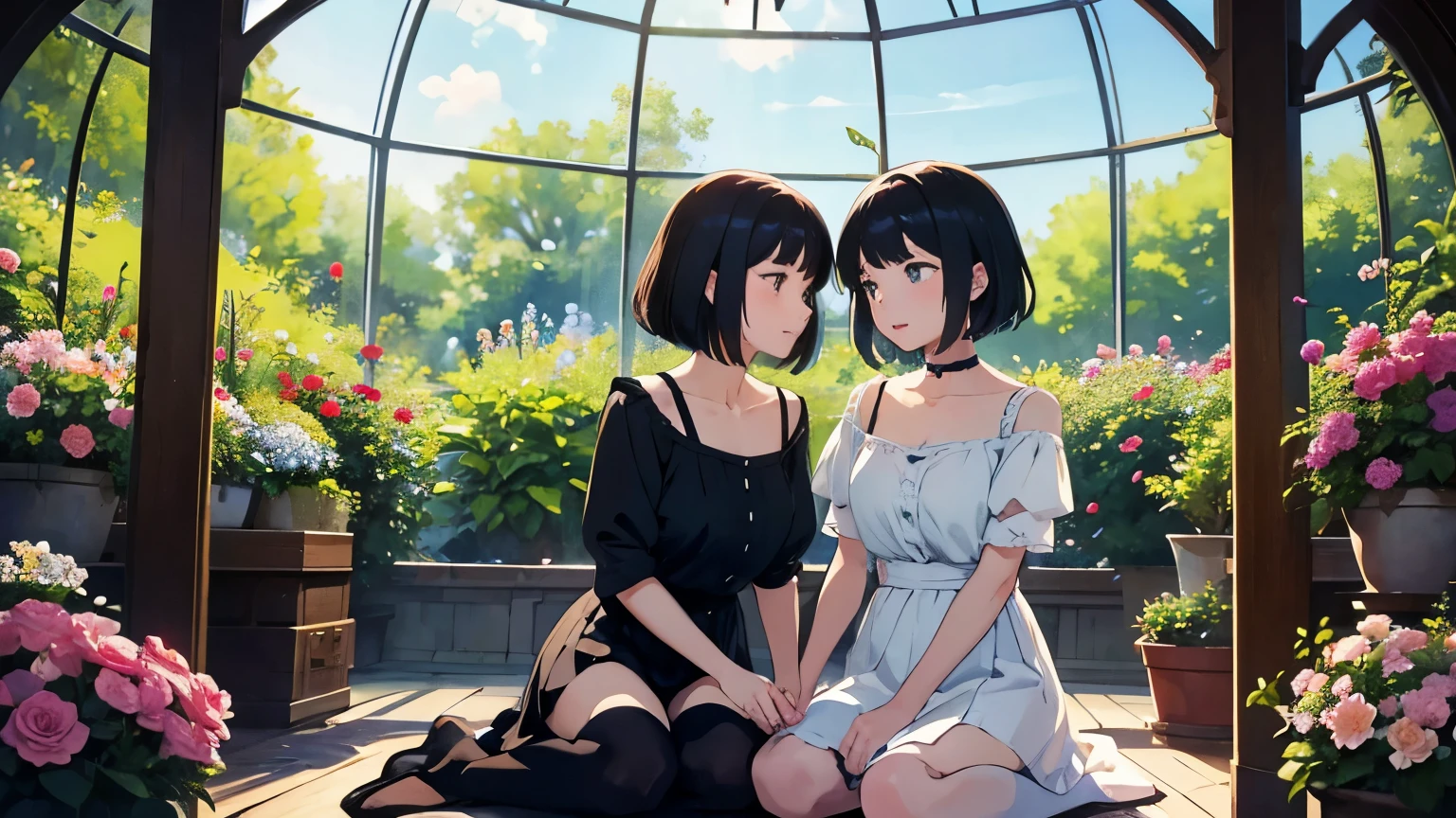(highest quality、masterpiece、High resolution)、(Sargent style watercolor)、(anime art)、(two women)、18-year-old、They are chatting happily、Holding a potted flower、gentle smile、medium short hair、black hair、braided hair、White blouse and long skirt、cinematic light、soft light、A botanical garden in a giant glass dome、squirt、gazebo、(lots of flowers)、A garden with dancing petals、butterfly々is flying、blur the background、