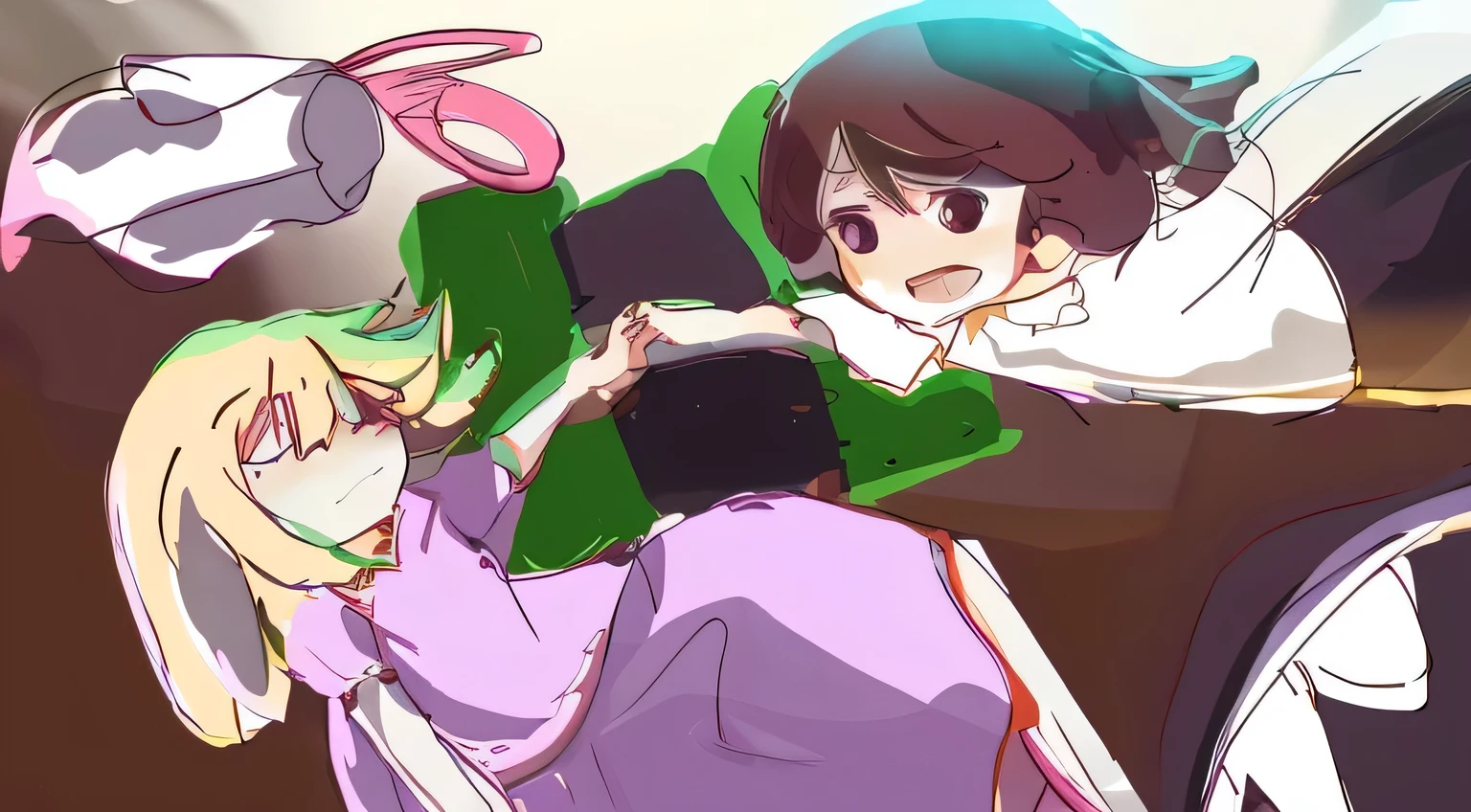 A girl from the anime 東方, Maribel Hearn and Renko Usami, are holding hands with each other in a large garden. The picture is in 8K resolution, ensuring the best quality and ultra-detailed depiction of the characters. The characters' eyes are beautifully detailed, with long eyelashes, and their lips are also beautifully detailed. The scene is designed in a conceptual art style, with a green door open in the background revealing a dark space beyond. The artwork is created using a mix of illustration and 3D rendering techniques. The colors in the image are vivid, and the lighting is professionally done with a studio lighting setup. The final artwork is a masterpiece in the anime style, referencing the east project.