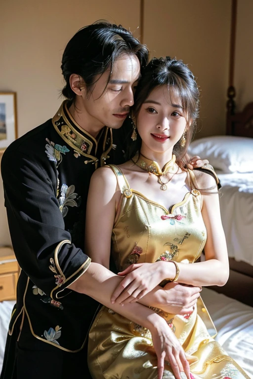 ((best quality)), ((masterpiece)), (detailed), perfect face、Enchanted body
((Satomi Ishihara、female、best proportions、Satomi Ishihara、semi-long、cheongsam、hair ornaments、古代China髪型、earrings、China Hairstyle、necklace、bangles、黒cheongsam、luxury accessories、black cheongsam dress、vintage、gold embroidery、black clothes、Long slit、smile、wife、Satomi Ishihara))
((China人、male、Lovers、smile、love、husband))
bed、bedイン、China、Engagement Rings、Get along well、husband婦円満、hug each other、love each other、kiss