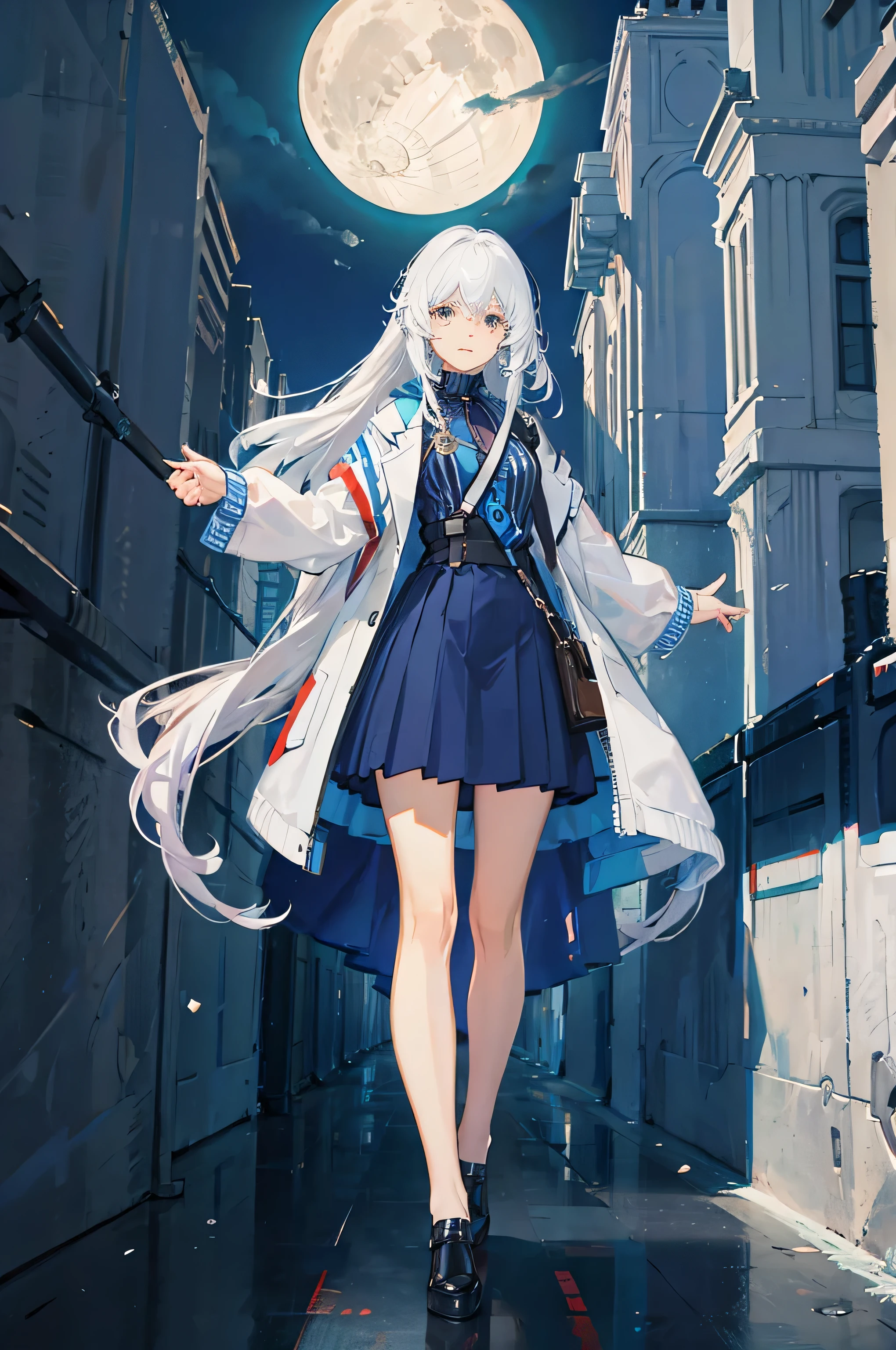 A girl with white hair, long hair, and a white jacket with a blue stripe is holding a pistol. Her hair is styled so that there is a strand of hair on the right side. The girl is standing in front of a city background at nighttime, illuminated by moonlight. The prompt should be of high quality.
