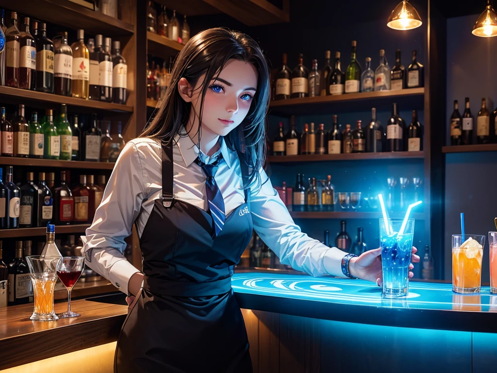 1 beverage cart, woman in a bar, night, LED light, Blue LED, night, , Drinks 5 euros, Bartender making drinks