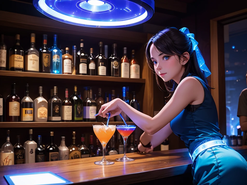 1 beverage cart, woman in a bar, night, LED light, Blue LED, night, , Drinks 5 euros, Bartender making drinks  