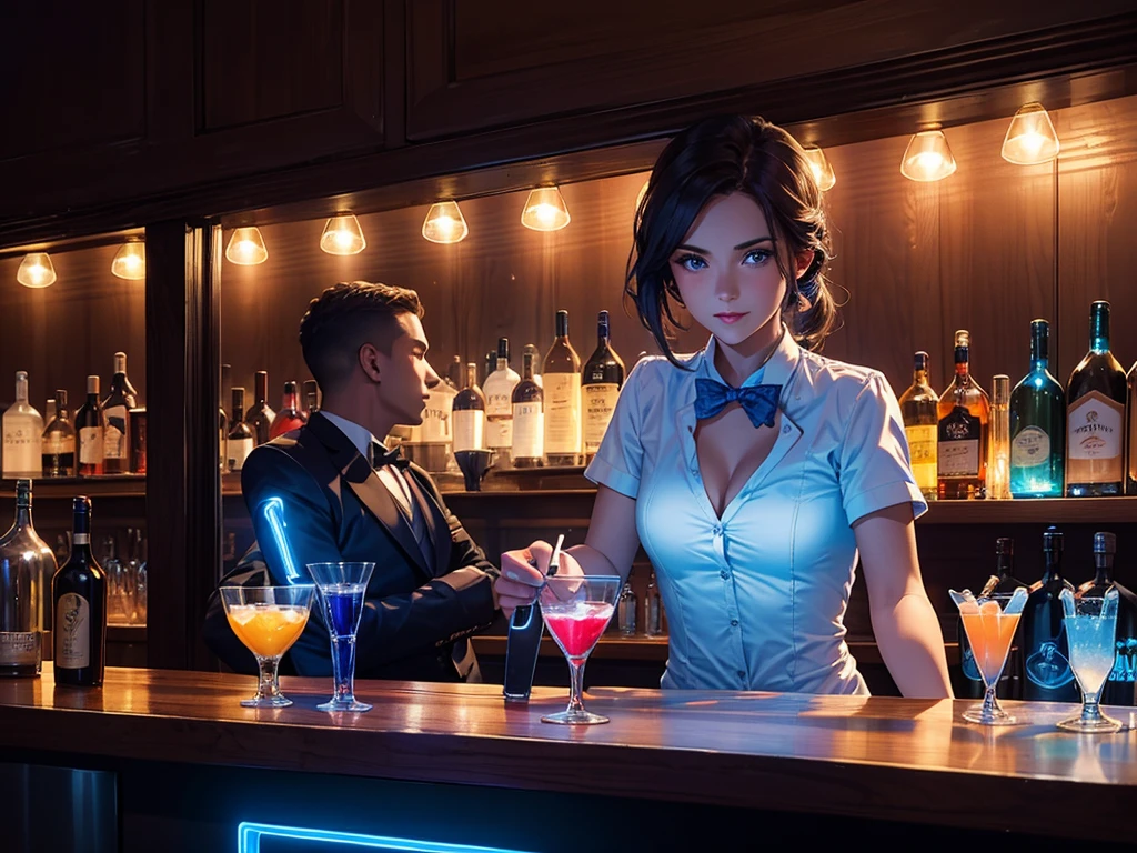 1 beverage cart, woman in a bar, night, LED Light, Blue LED, night, , Drinks 5 euros, Bartender making drinks  