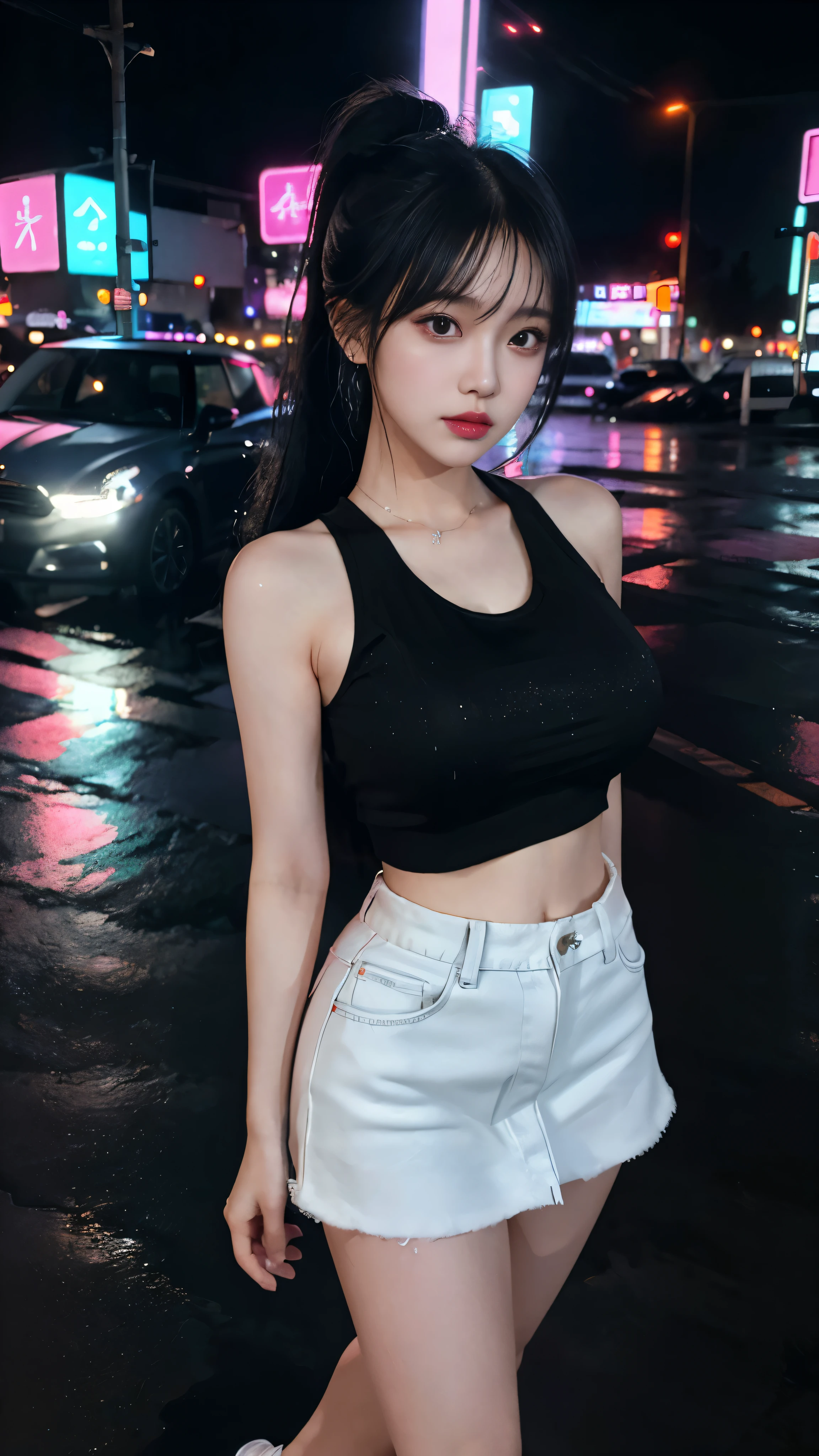 cyber punk, highest quality, masterpiece, figure, realistic, photo-realistic, wonderful, finely, Super detailed, High resolution, very detailed, Unity 8k wallpaper, Full shot of a beautiful young woman with Korean features resembling a popular actress. black tank top, black mini skirt, white sneakers, normal chest, Thin, Her exposed skin glistens with droplets from a heavy rain. She has pink and bluish eyeshadow, bangs, ponytail, black hair, head, and arms. standing and looking at me。A confident expression, The background is a neon-lit night cityscape., alley, Heavy rain and puddles reflecting. Uses ray tracing and volumetric lighting.