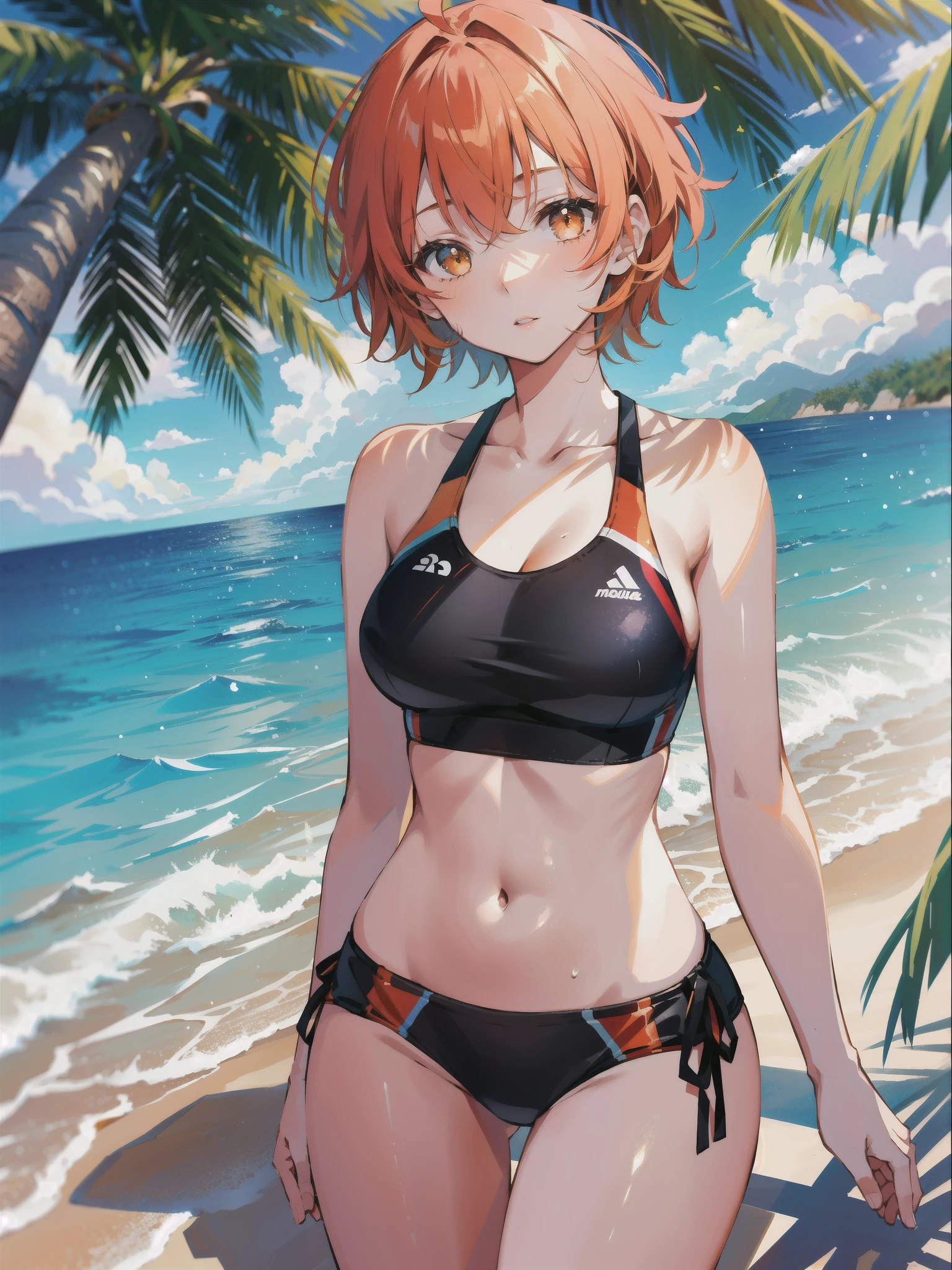 1girl, very short hair, bangs, ahoge, skinny, (tanned), orange hair, semi-realistic, beach, sports swimsuit, dappled sunlight, coconut tree,
masterpiece, best quality, intricate, bang-you