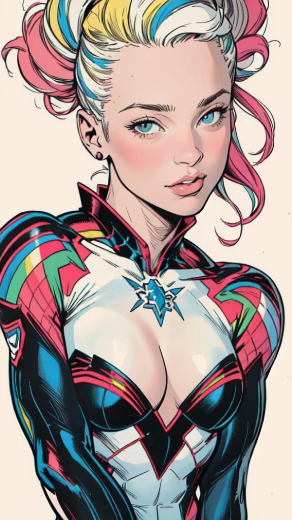 masterpiece,extremely beautiful woman,Excellent sense,cleavage,(((perfect very white background))),American Comics,(((The Perfect One Woman))),(((one person))),colorful,Rainbow-colored,Highly detailed upper body,highly detailed face,SF,