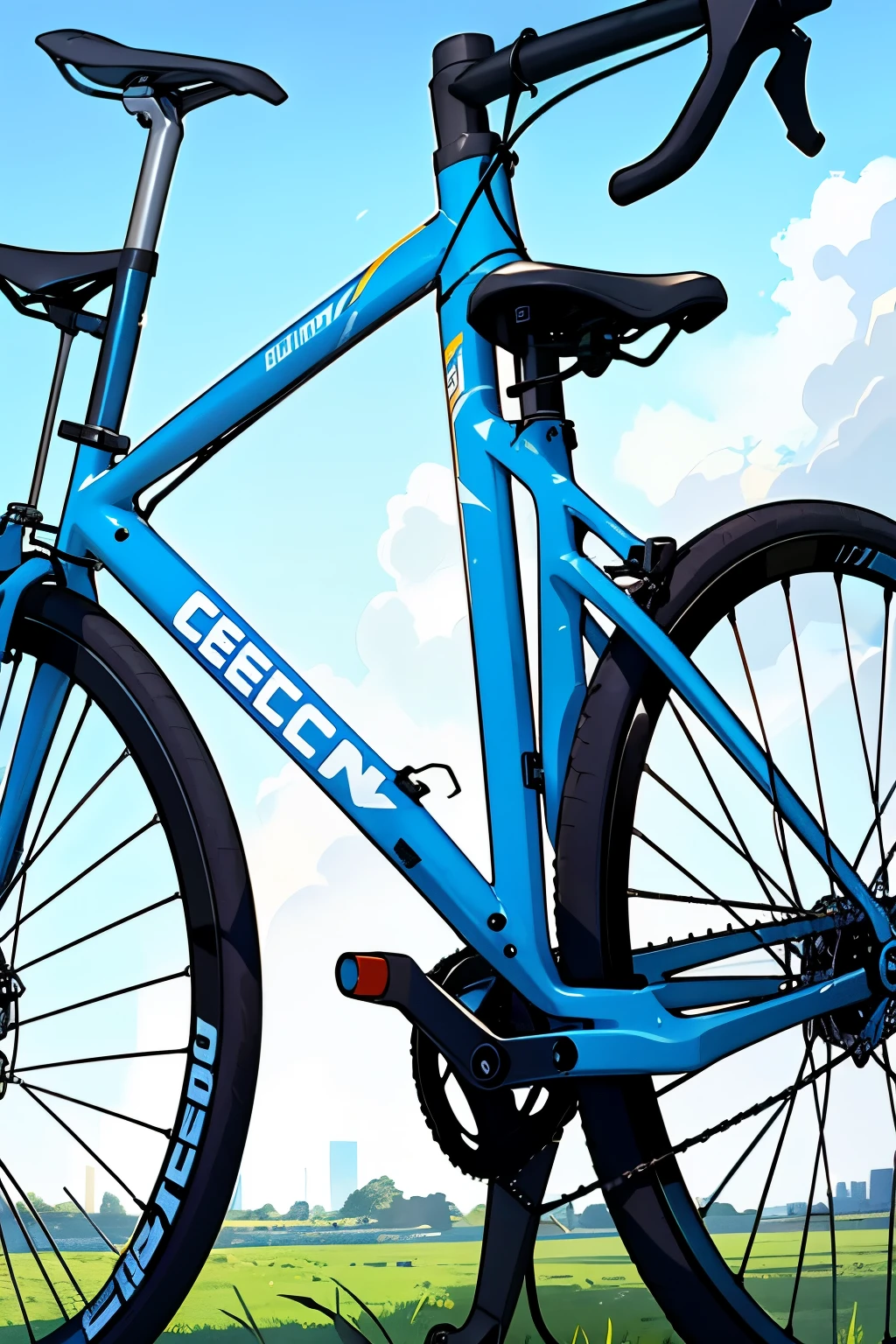 A logo icon of a fixed gear bicycle,embodied with sleek lines and minimalist design, gracefully adorns the frames of these bicycles. The distinctive words "Grass Car Cave" are artfully inscribed on the bicycles, adding a touch of mysterious allure to their streamlined aesthetics. The meticulously crafted logo and the bold lettering stand out against the backdrop of verdant greenery and the clear, blue sky. The bicycles themselves, with their unadorned fixies, exude an air of understated coolness and sleek sophistication.