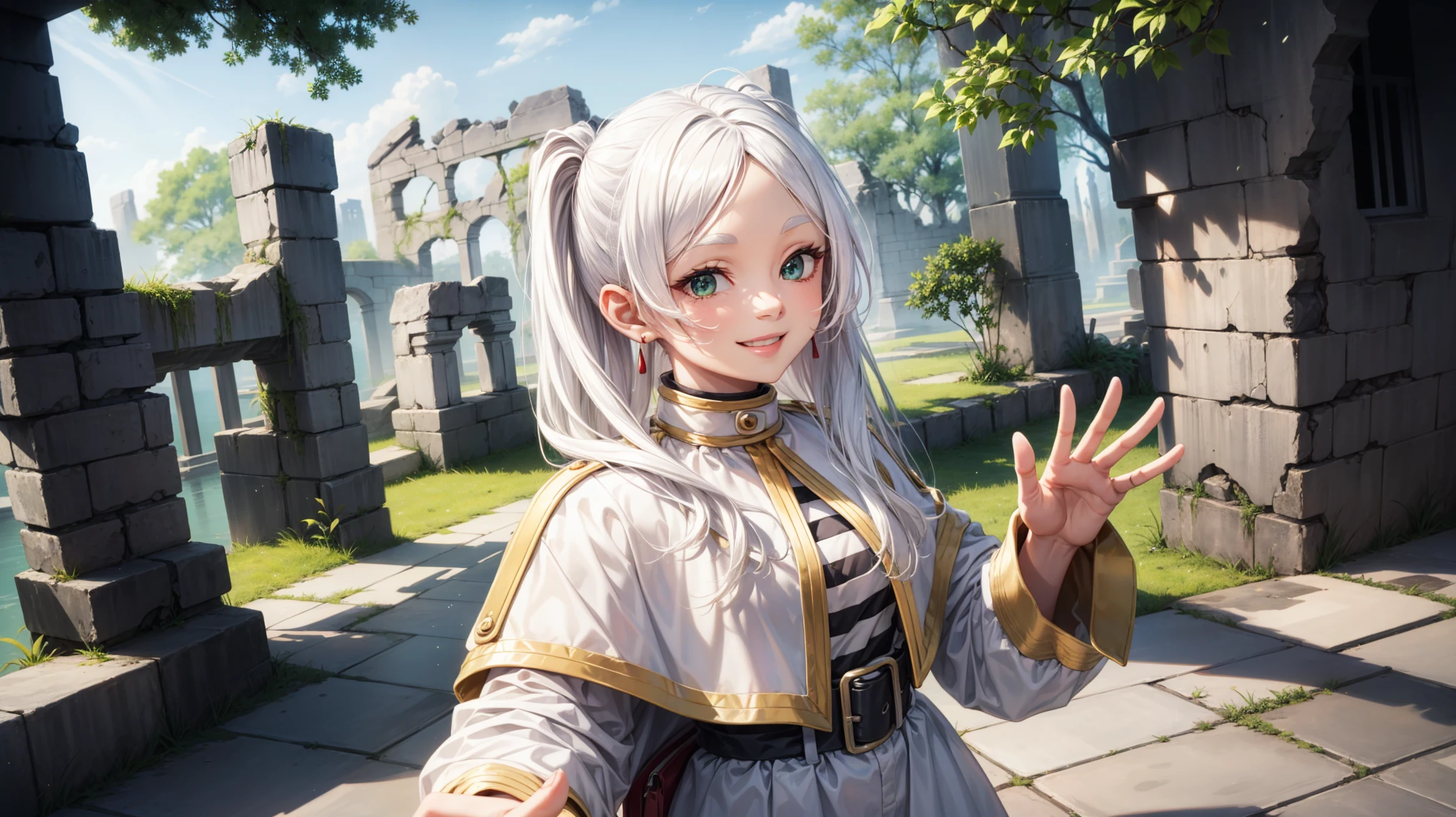 white hair, green eyes, waving at me, ruins around, green background, in her twienties, white uniform with black stripes, very beautiful face, aesthetic face, smiling, mature looking,