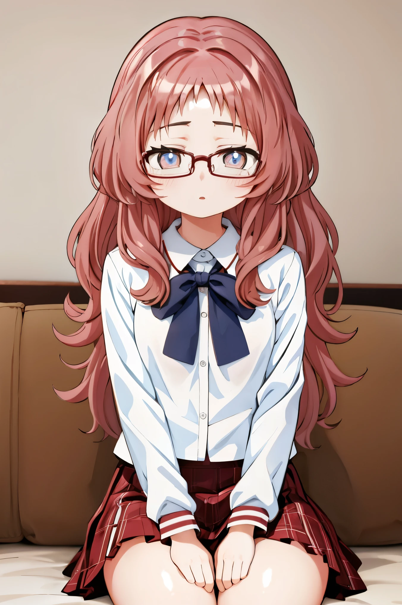 Mie Ai、1 girl、Wavy hair、glasses、small breasts、he is short、、High resolution、highest quality、detailed face、detailed eyes、white pantie-shaped spread legs、sitting、skirt、looking here、