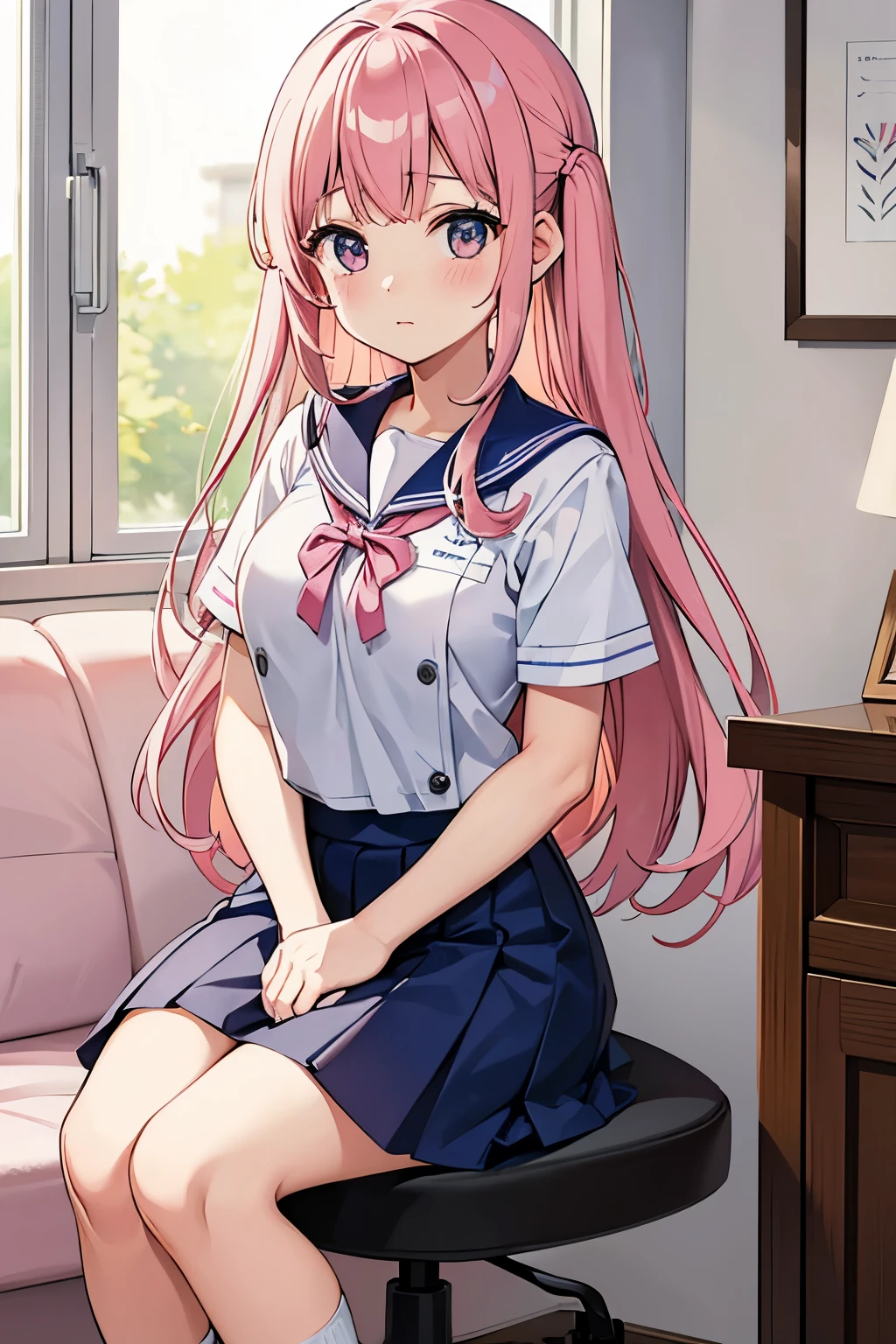 A pink-haired high school girl in a sailor uniform in the nurse's office、I am taking a rest due to feeling unwell due to the change of seasons.