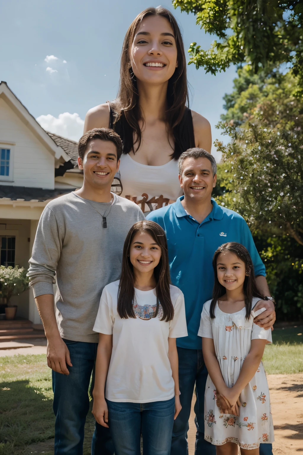 (Masterpiece: 1.1), Grandious family reunion, 9 foot tall girl, beaming smile, proudly standing between her family members, parents with average height, siblings varying in height, laughter and joy, shallow depth of field, intricately detailed, ultra-high definition, natural lighting, photorealistic rendering, (professional composition: 1.3), family members looking up in awe, admiring their towering daughter, hands on hips for comparison, focus on their warm, expressive faces, stunning colors, vibrant and full of life, (relevant props: 0.8), homemade signs for height comparison, natural settings, (emotional connection: 1