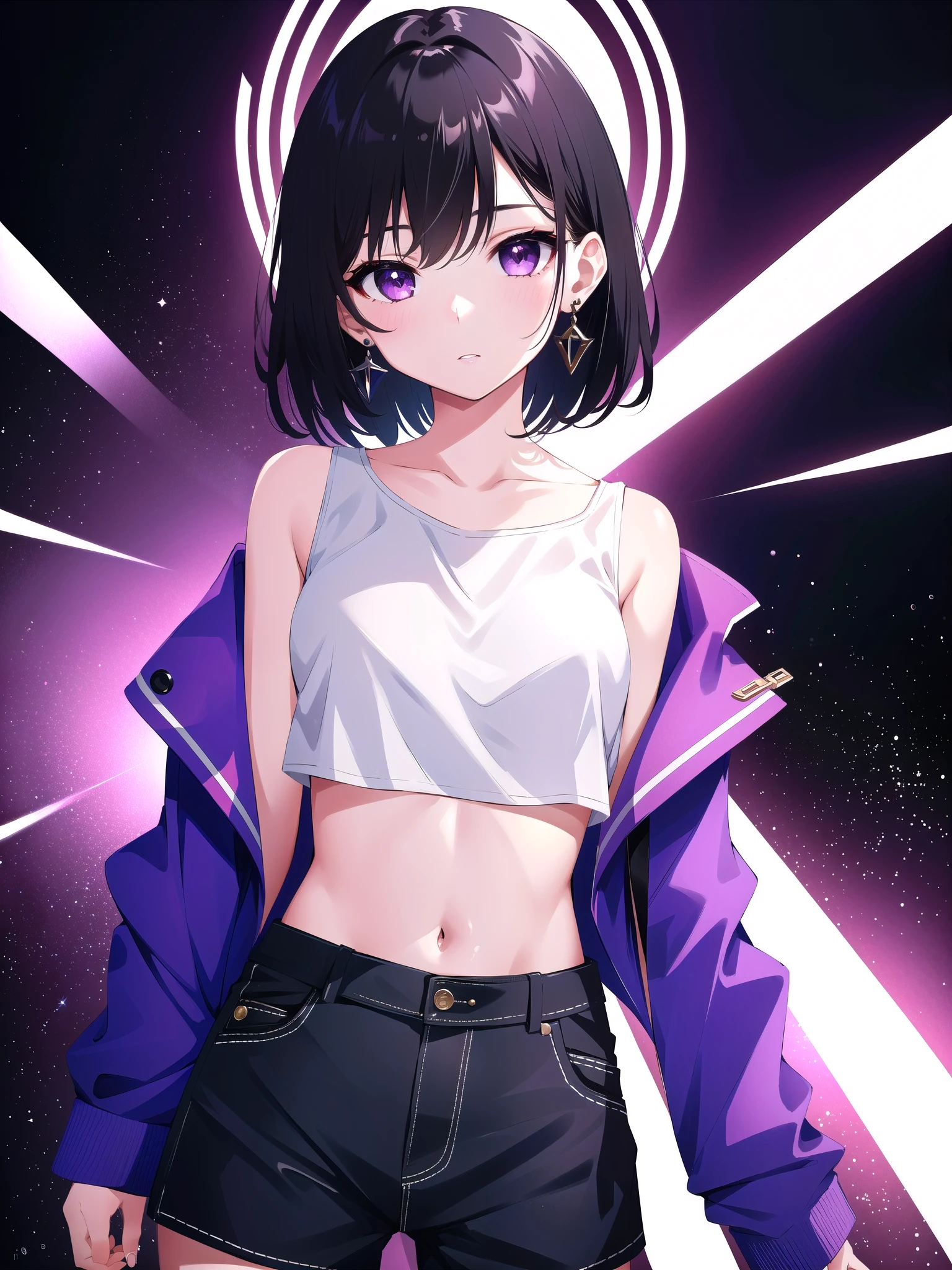(masterpiece, best quality, 8k, highly detailed, highres, ultra-detailed, perfect eyes), 1girl, solo, bibi, black hair, short hair, purple eyes, navel, midriff, cross earrings, purple jacket, pink top, (upper body:1.3)