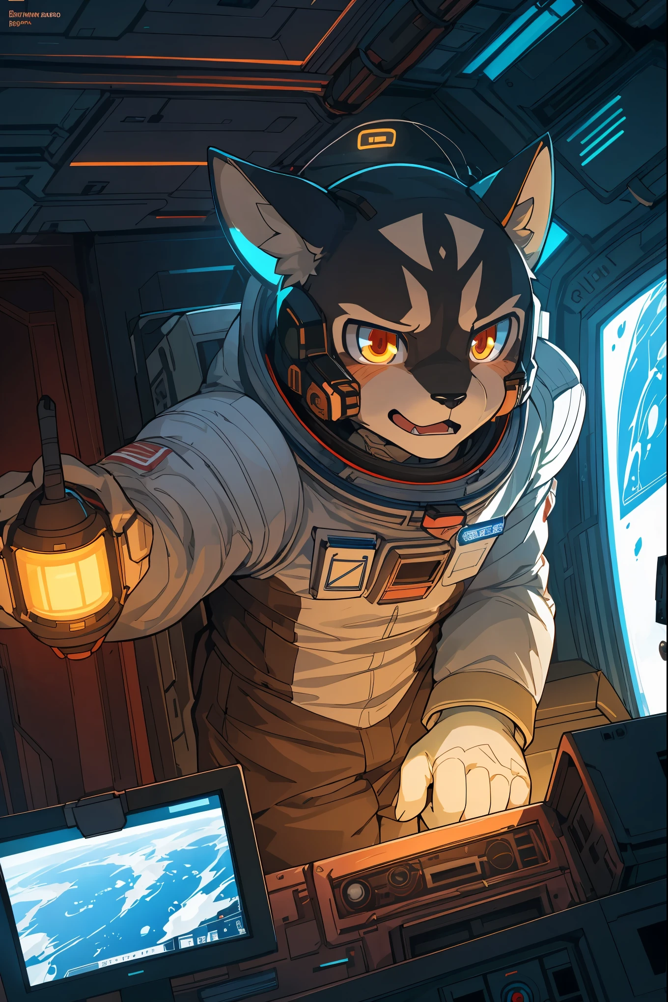 cover page, top quality, best quality, High-quality illustrations, masterpiece, absurdres, perfect anatomy(1boy, kemono, furry, astronaut, Operating a machine, Face illuminated by monitor light, panicked look, sense of urgency)spaceship's cockpit, emergency, Red Lamp,