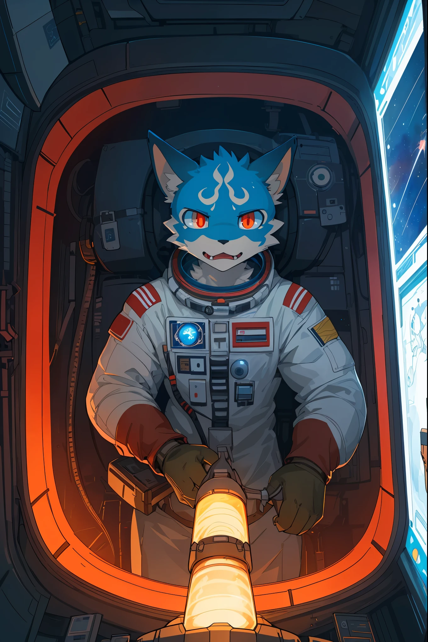cover page, top quality, best quality, High-quality illustrations, masterpiece, absurdres, perfect anatomy(1boy, kemono, furry, astronaut, Operating a machine, Face illuminated by monitor light, panicked look, sense of urgency)spaceship's cockpit, emergency, Red Lamp,