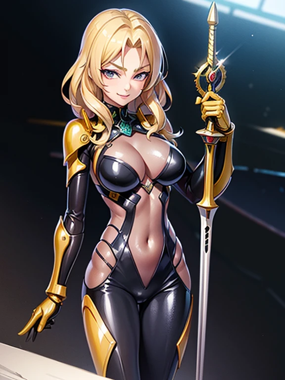 1girl, Alicia Viewstream, blonde hair, solo, masterpiece, general, solo, official art, holding rapier, tiara, rapier, looking at viewer, v-shaped eyebrows, evil smile, see-through impossible bodysuit, taimanin suit, HDR, high quality, high-definition, extremely detailed, city, cyberpunk,