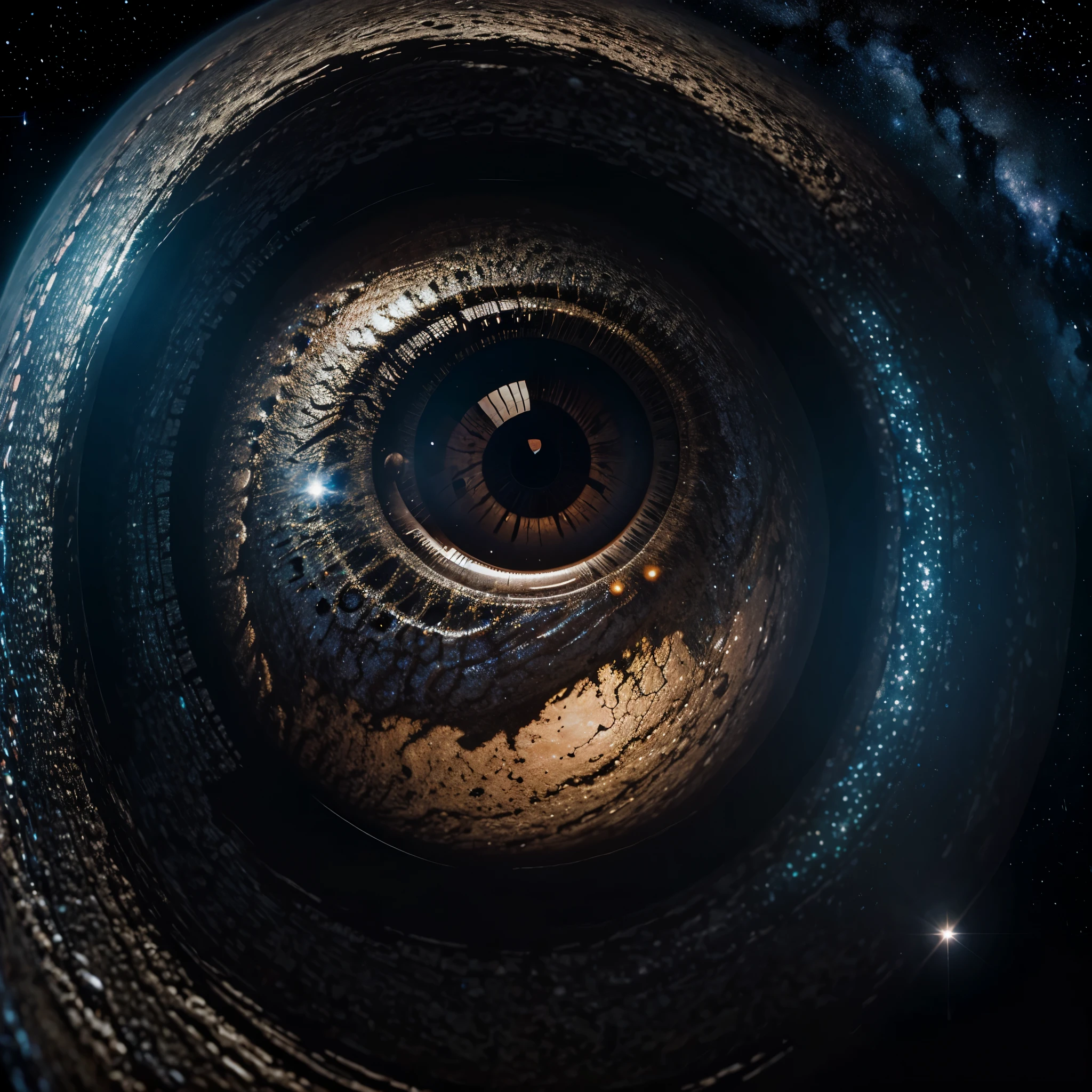 Draw a human eye so that the eyelashes are visible, and inside the eye there were planets and a galaxy with stars 