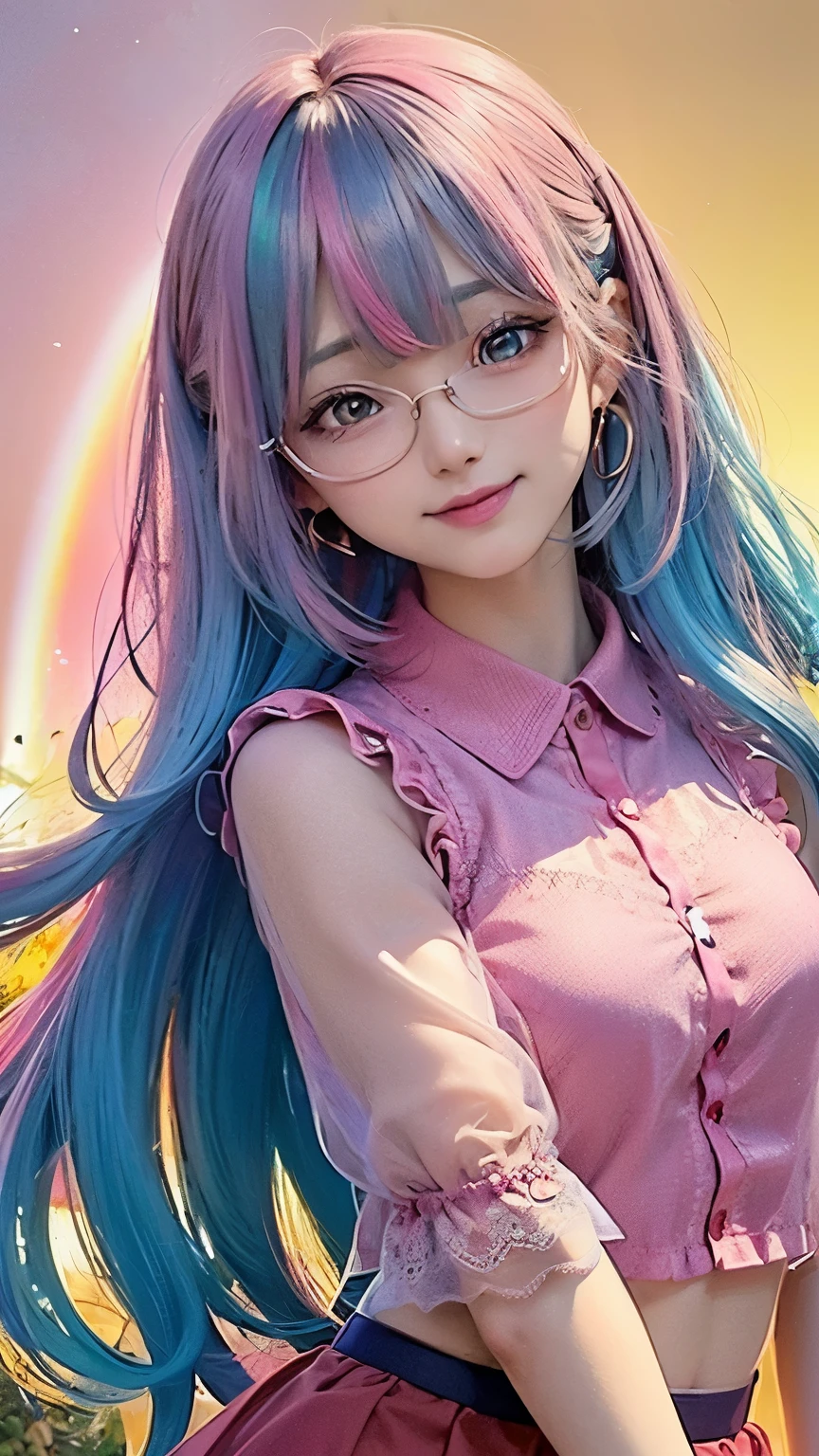 small face、 (alone:1.5,)Super detailed,bright colors, very beautiful detailed anime face and eyes, look straight,  shiny_skin,girl, (((rainbow colored hair, colorful hair, Half light blue、half pink hair: 1.2))), 、shiny hair, delicate beautiful face, blush、Glasses、(turquoise eyes), , Valletta, earrings,、flower garden、sunset、(((Floral、Stylish lace mini skirt,Semi-transparent red shirt)))、（twin tails）、smile、happy face、face dyed red、cheerful pose、dynamic、Head to toe full body portrait、（I can see the whole body）