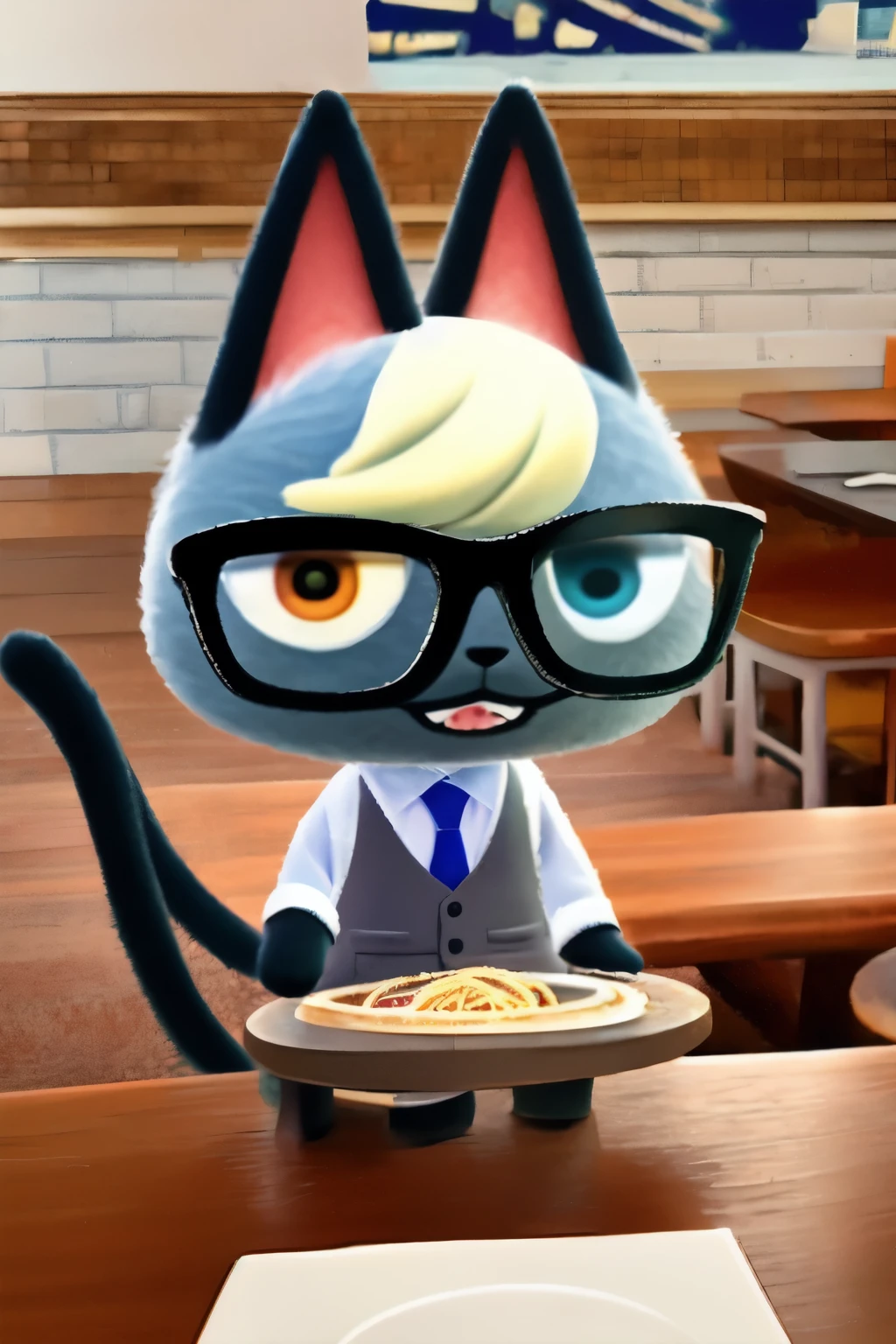 Raymond, 1 boy, alone, Chibi, straight, Upper body, heterochromia, :d, :3, tooth, Glasses, look down, sitting at the table, Chair, spaghetti, table cloth, candlestick, Silverware, (fine eyes, furry, gray fur:1.3), Cat ear, vest, white shirt, blue tie, cat tail, looking at the viewer, (fine fur, body hair:1.3), open your mouth, blonde hair, animal nose, detailed background, restaurant,  8K, HDR   