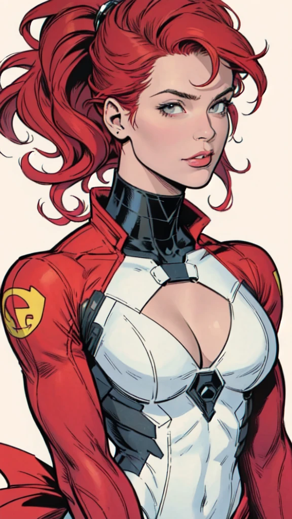 masterpiece,extremely beautiful woman,Excellent sense,cleavage,(((perfect very white background))),American Comics,(((The Perfect One Woman))),(((one person))),colorful,red hair,Highly detailed red upper body,highly detailed face,SF,