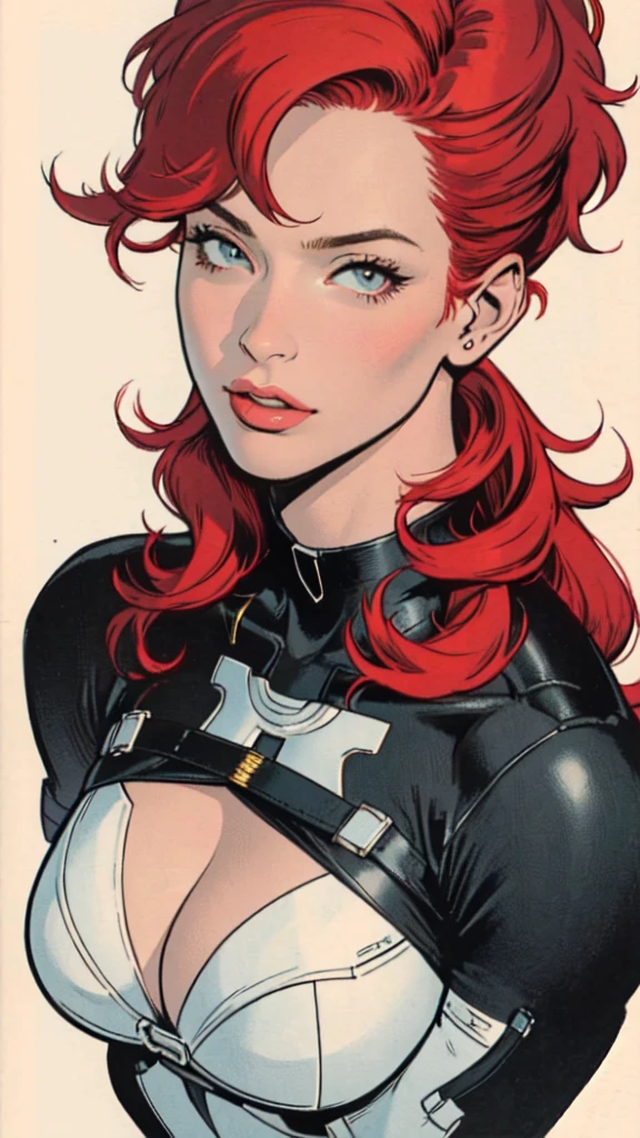 masterpiece,extremely beautiful woman,Excellent sense,cleavage,(((perfect very white background))),American Comics,(((The Perfect One Woman))),(((one person))),colorful,red hair,Highly detailed red upper body,highly detailed face,SF,