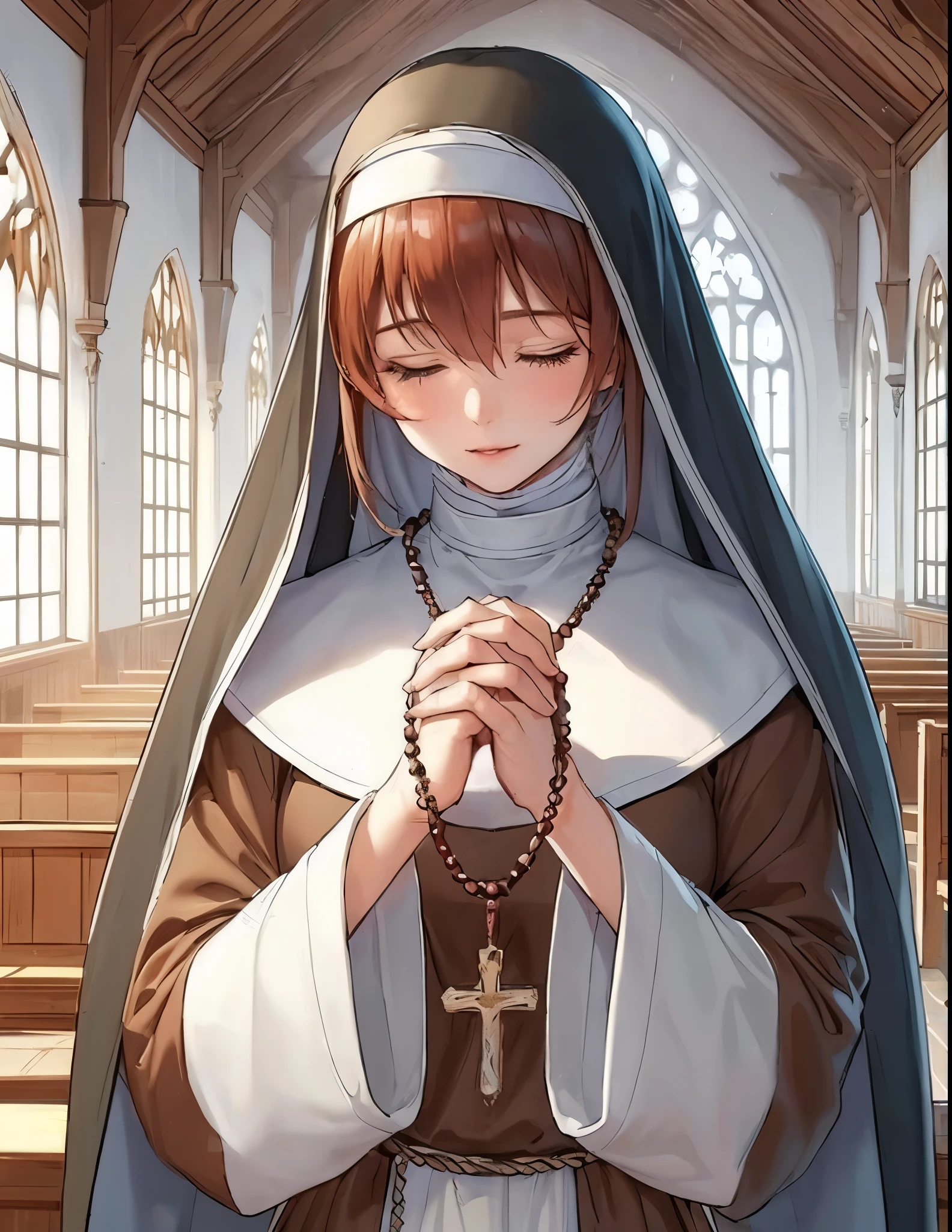 1lady solo, praying, (bringing hands together:1.2), (nun outfit), wimple, mature female, /(reddish brown hair/) bangs, (eyes lightly closed), (light smile:0.6), (masterpiece best quality:1.2) delicate illustration ultra-detailed BREAK (holding rosary:1.2), (cross:1.2), (rosery hanging from neck), beads string BREAK ((modest chapel:1.2) in monastery), indoors, noon, detailed background