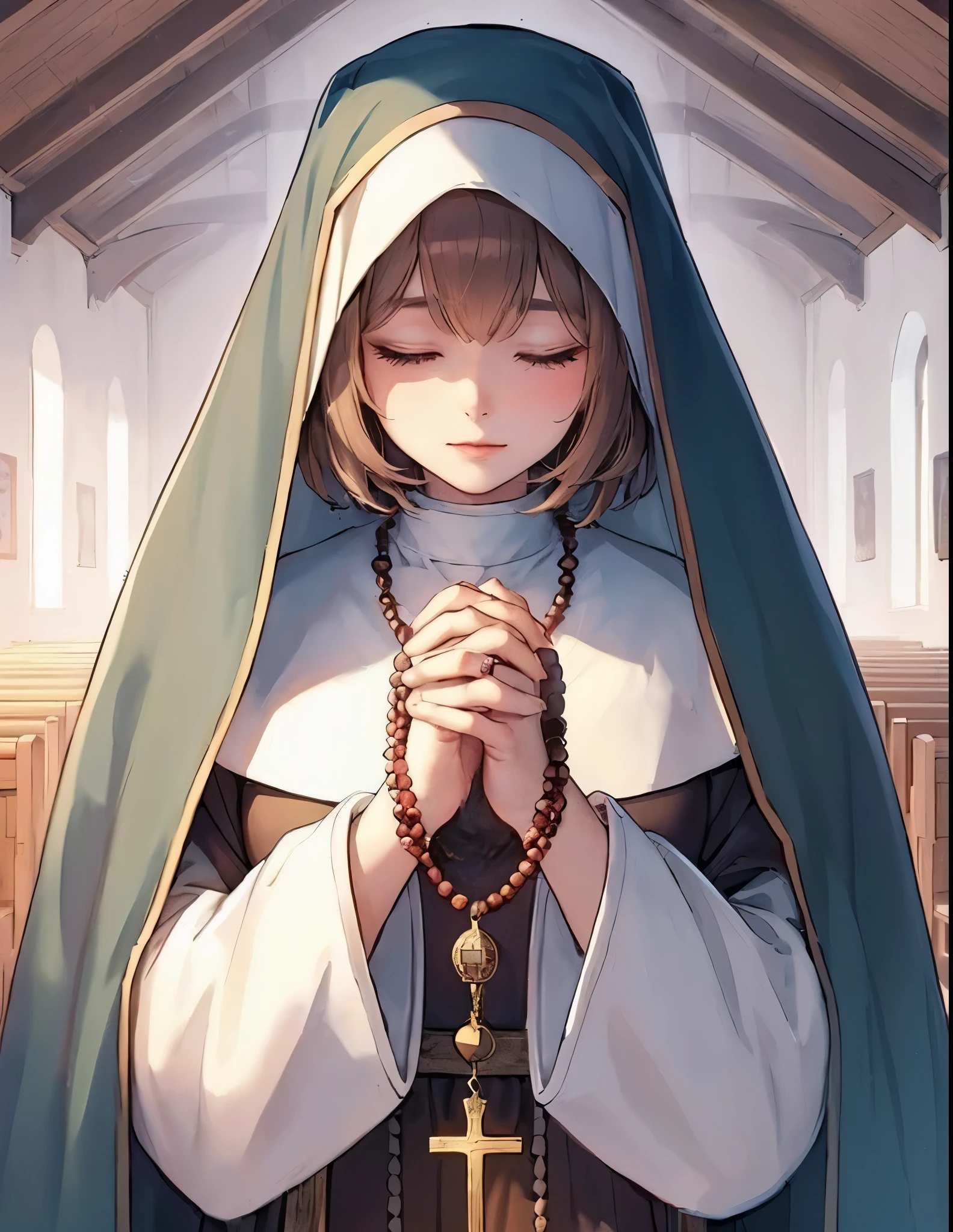 1lady solo, praying, (bringing hands together:1.2), (nun outfit), wimple, mature female, /(beige brown hair/) bangs, (eyes lightly closed), (light smile:0.6), (masterpiece best quality:1.2) delicate illustration ultra-detailed BREAK (holding rosary:1.2), (cross:1.2), (rosery hanging from neck), beads string BREAK ((modest chapel:1.2) in monastery), indoors, noon, detailed background