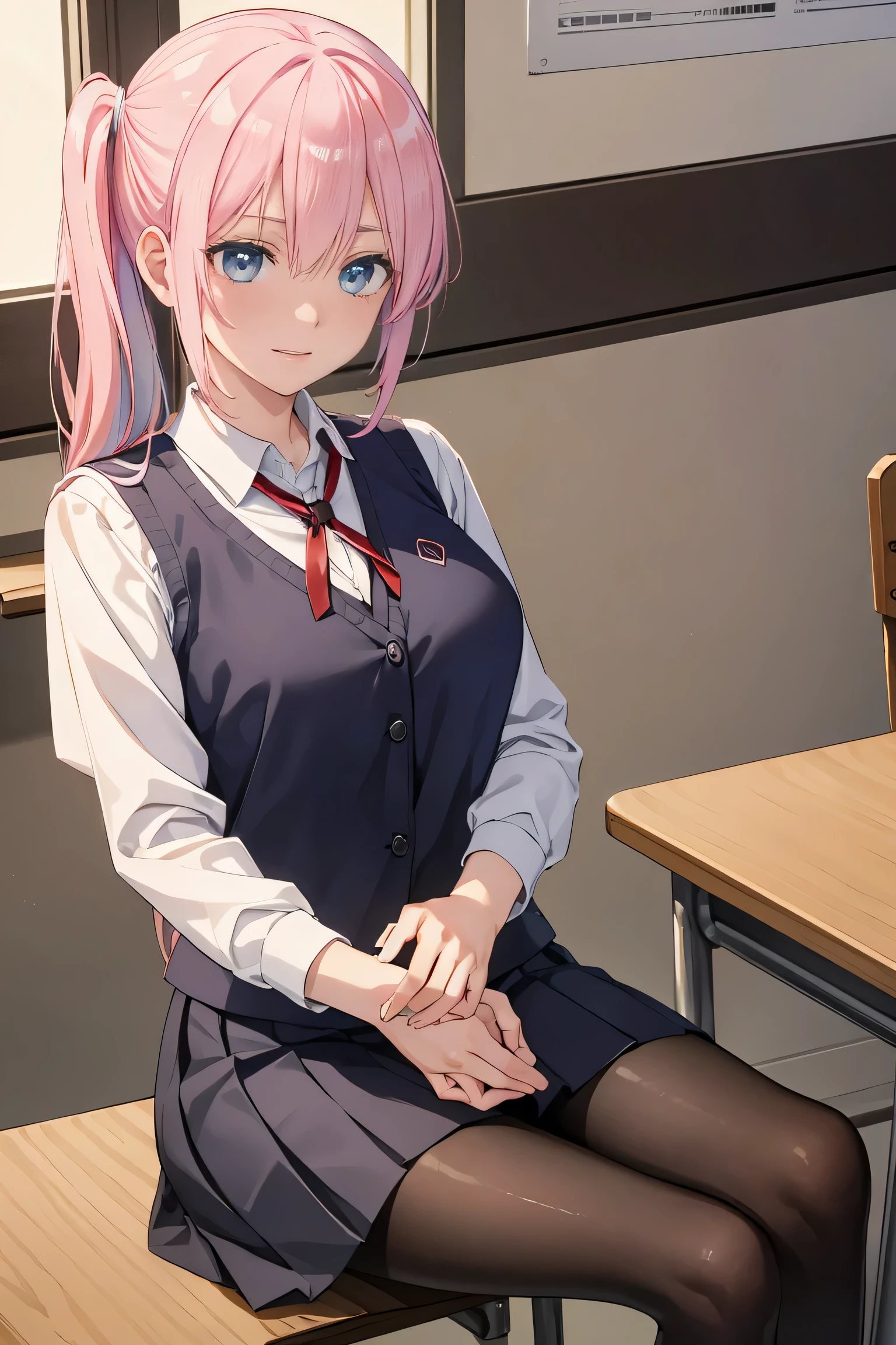 Miyakoshiki, Shikimori Miyako, Long hair, Blue eyes, hair between eye, Pink hair,
Break Side ponytail,,pleated skirt,black vest, black pantyhose,
Break indoors, Classroom,sitting,smile,
Break (Masterpiece:1.2), Best quality, high resolution, Unity 8k wallpaper, (illustration:0.8), (Beautiful detailed eyes), Extremely detailed face, Perfect lighting, Extremely detailed CG, (Perfect hands)