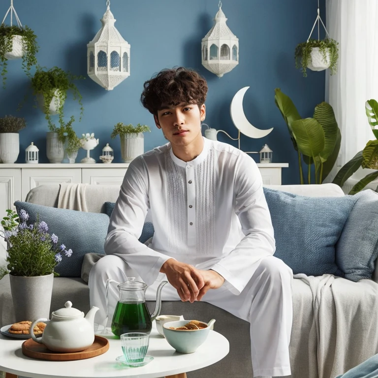 full body, long shot, image of an korean man with short curly hair wearing a white koko muslim shirt, sitting on a sofa in a blue and white living room with hanging plants a round table from white wood with glasses and a teapot filled with green syrup, and several cookie jars