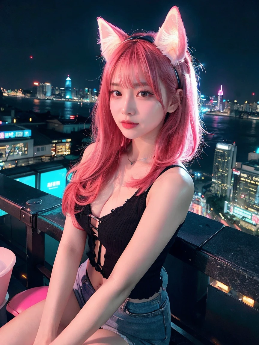 1 Girl, Beautiful, Baby Face, 20 Years Old, White Skin, Saggy Colossal Breasts, Sexy Pose, Wearing Golden Bustier Lingerie Dress, Golden Lingerie Outfit, ((Fishnett Skirt)), Blue Eye, Muscles, Bokeh, ((night:1.3)), ((dark:1.3)), Street Crowd Background, Masterpiece, Dizzy, Foggy, ((Pink Hair)), Twintails, Pink Coloured